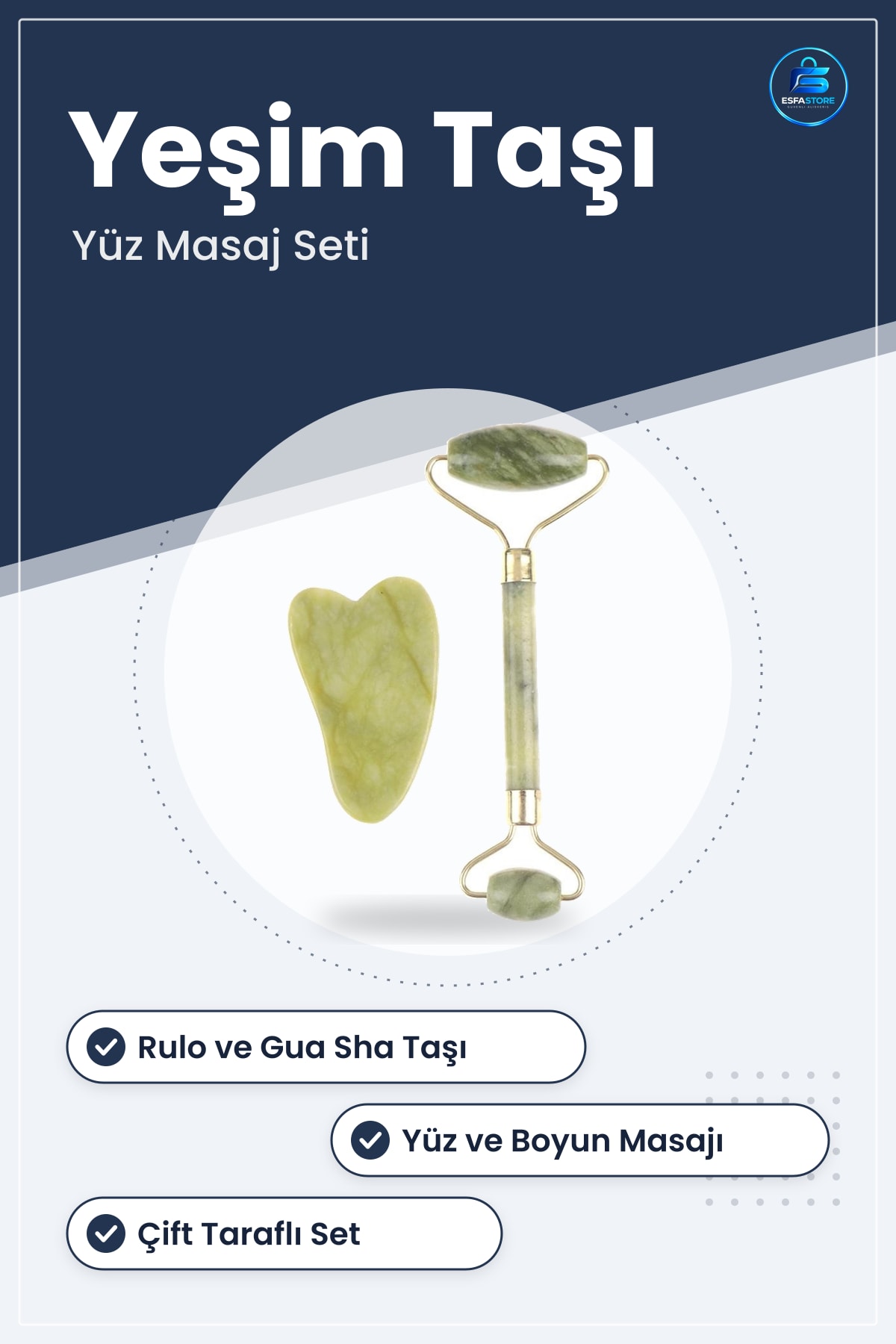 Çift Taraflı Yeşim Taşı Cilt Yüz Masaj Aleti Jade Roller Seti Gua Sha Taşlı Kullanışlı Hediyelik