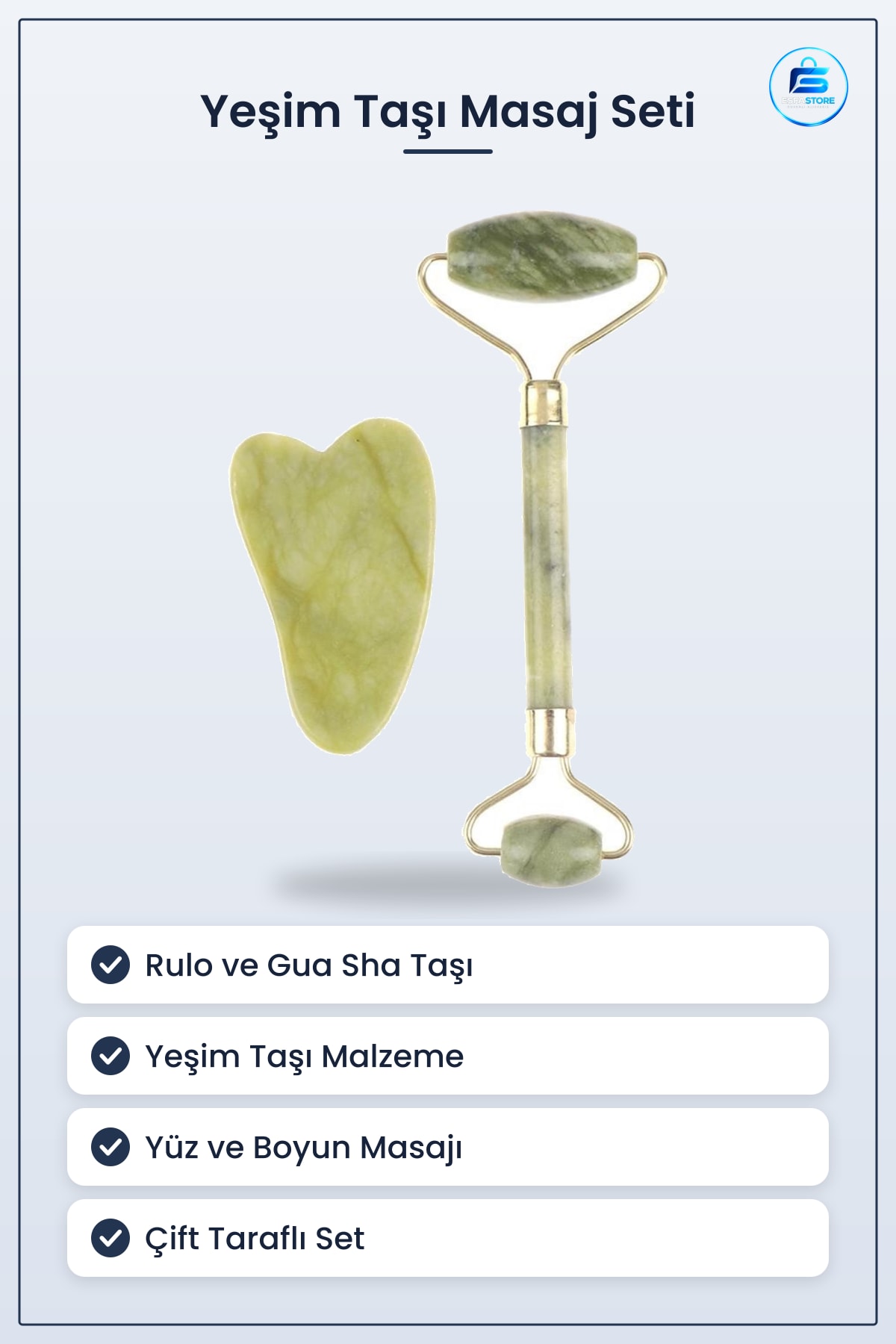 Çift Taraflı Yeşim Taşı Cilt Yüz Masaj Aleti Jade Roller Seti Gua Sha Taşlı Kullanışlı Hediyelik