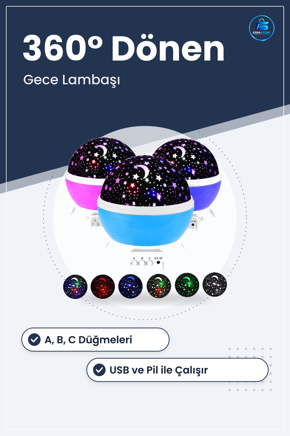 Gökyüzü Projeksiyonlu Dönen Küre Ay Yıldız Tavan Yansıtma Led Gece Lambaı Pilli Hediyelik Pratik