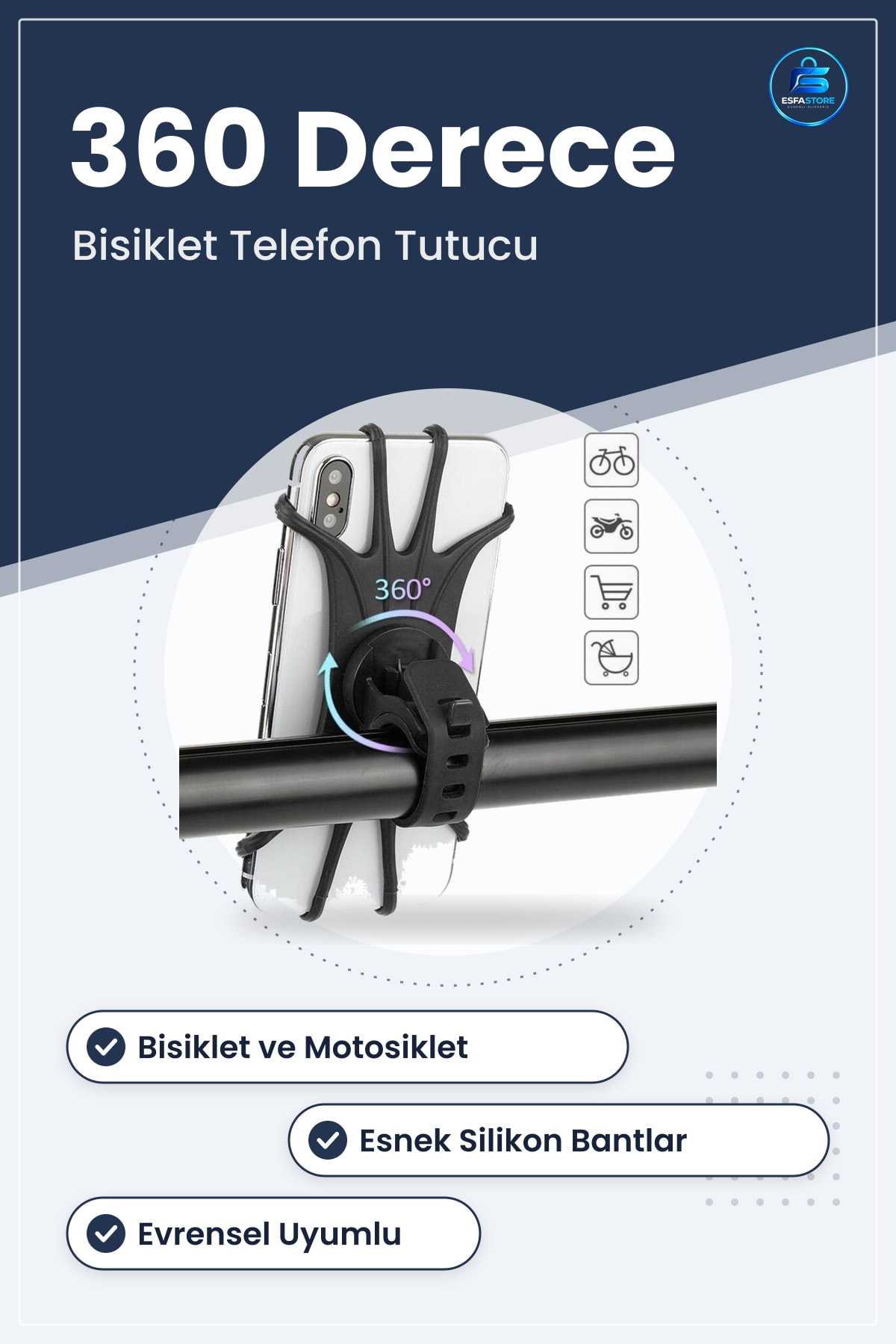 Telefon Tutucu Silikon Bisiklet Motosiklet Bebek Arabası Uyumlu Döner Pratik Dayanıklı Evrensel