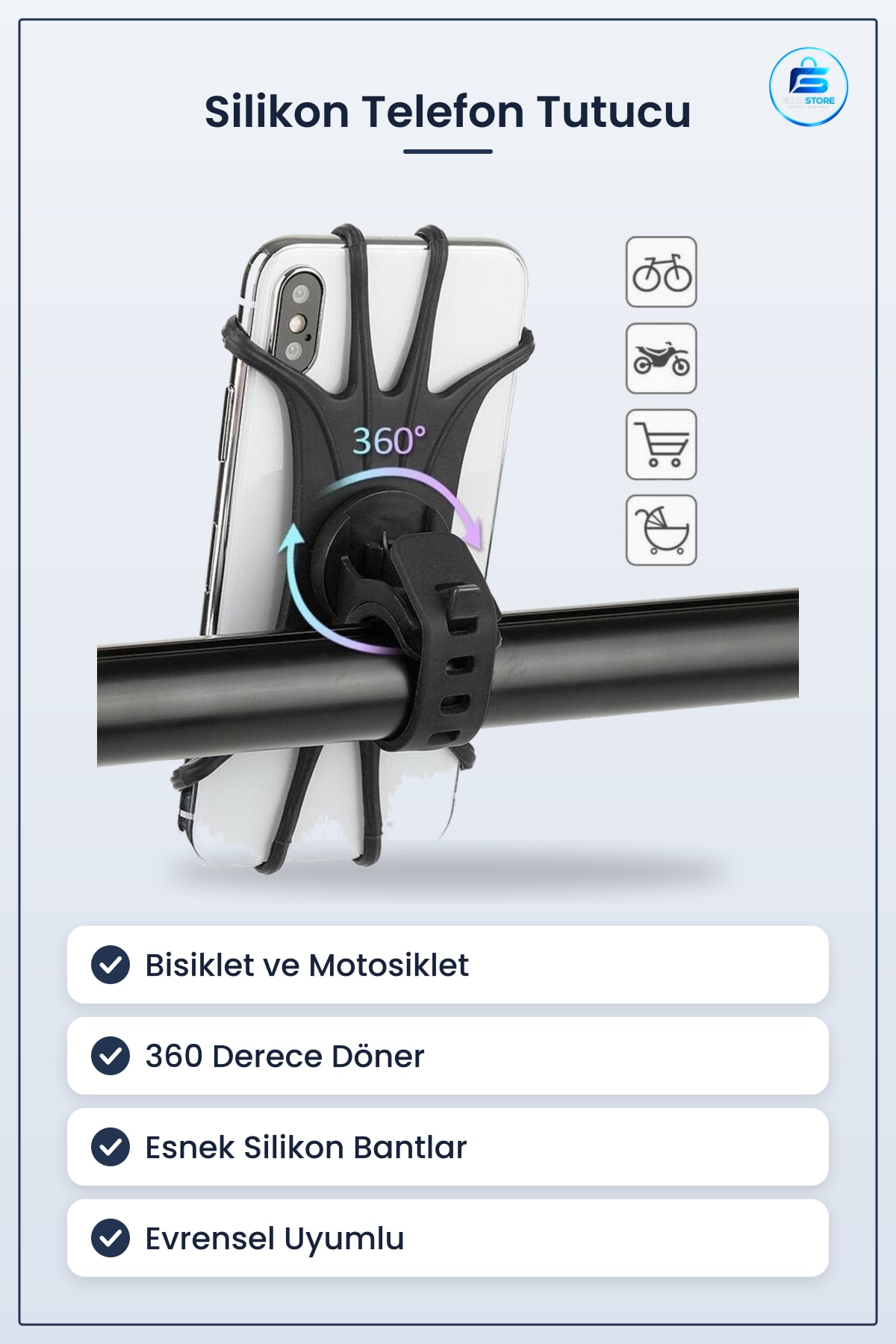 Telefon Tutucu Silikon Bisiklet Motosiklet Bebek Arabası Uyumlu Döner Pratik Dayanıklı Evrensel