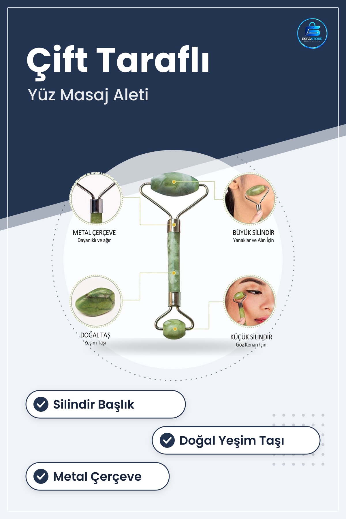 Cilt Yüz Masaj Aleti Yeşim Taş Jade Roller Çift Taraflı Kutulu Kırılmaz Hediyelik Pratik Dayanıklı