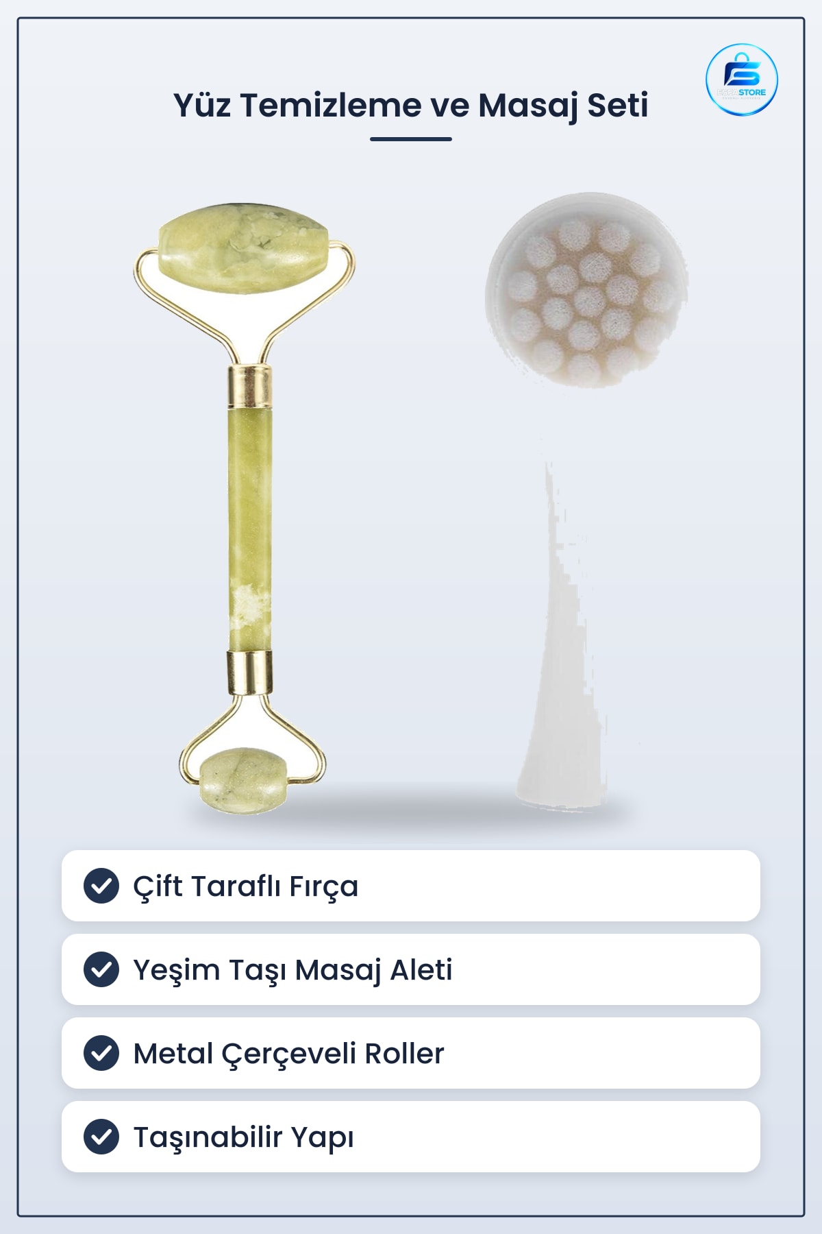Çift Taraflı Cilt Temizleme Fırçası Yeşim Taşı Yüz Masaj Aleti Nokta Giderici Jade Roller Set
