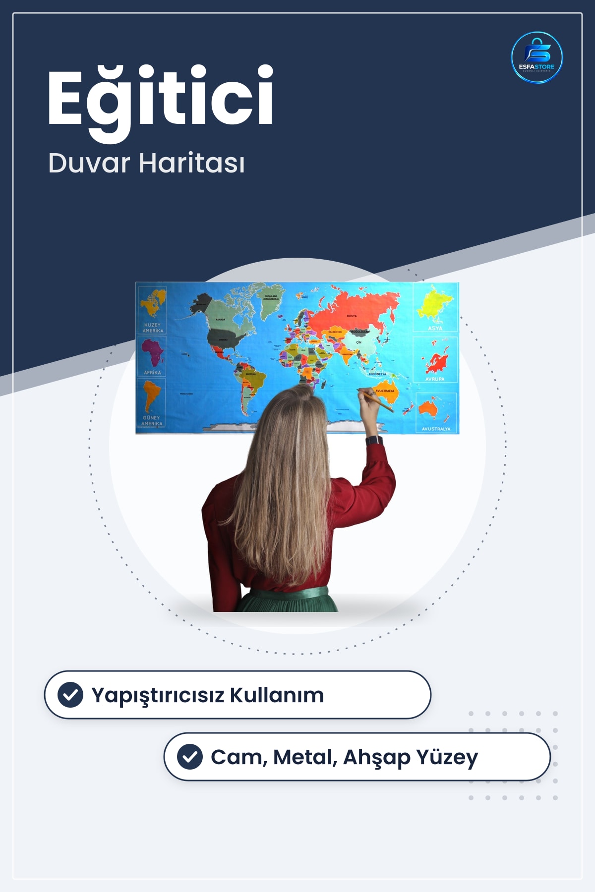 Dünya Haritası Atlas Duvar Stickerı Yapıştırıcı Gerektirmeyen Manyetik Eğitici Dekoratif Poster