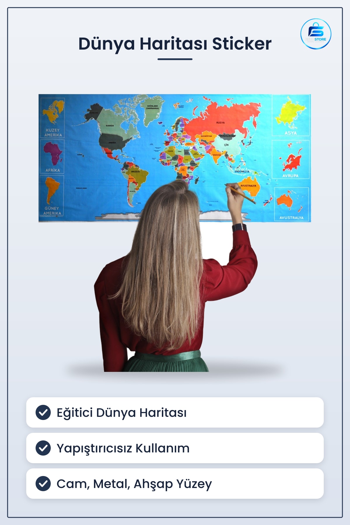 Dünya Haritası Atlas Duvar Stickerı Yapıştırıcı Gerektirmeyen Manyetik Eğitici Dekoratif Poster
