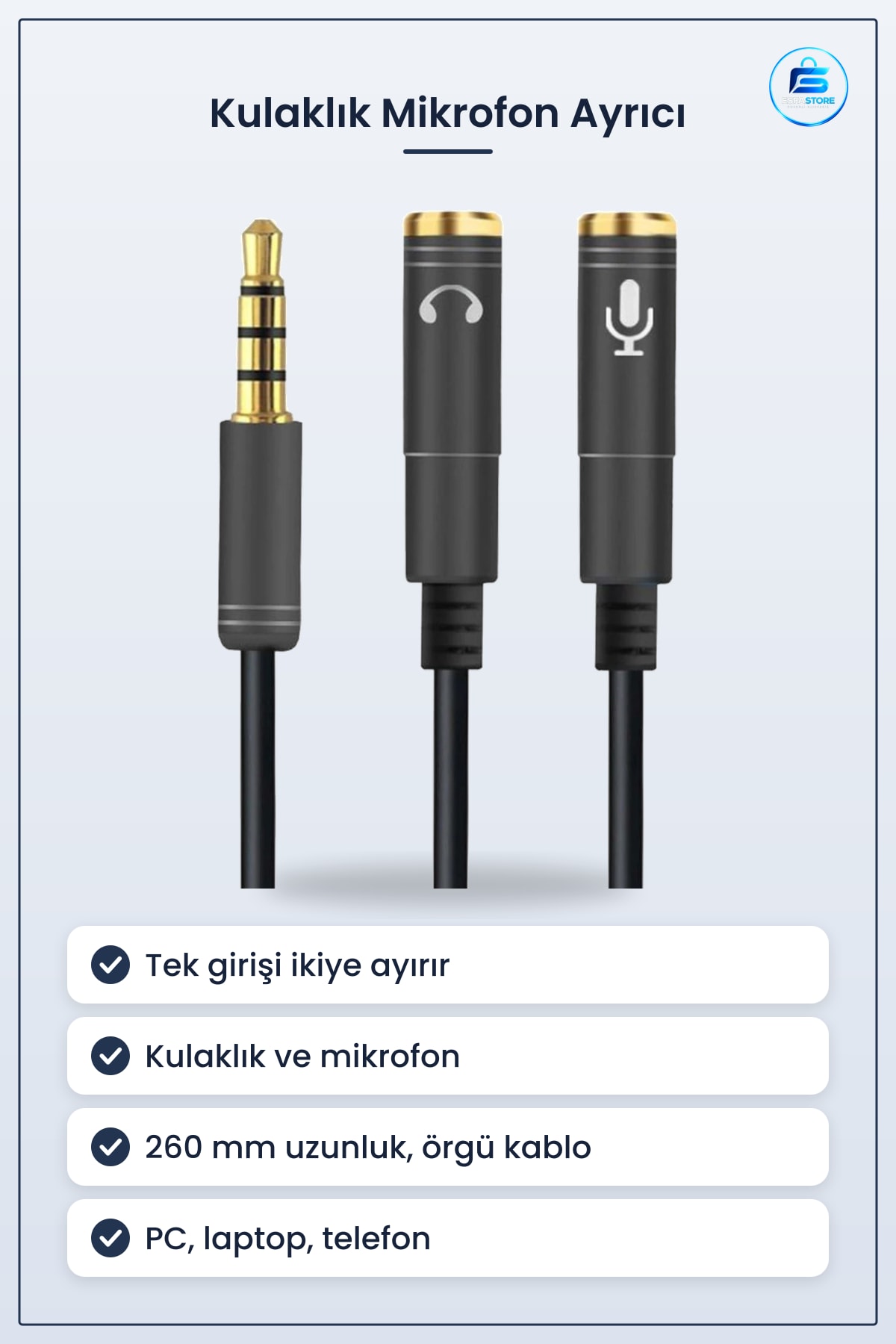 Kulaklık Mikrofon Ayrıcı Çoklayıcı Aux Ses Kablosu Splitter Jack Girişli Pratik Bilgisayar