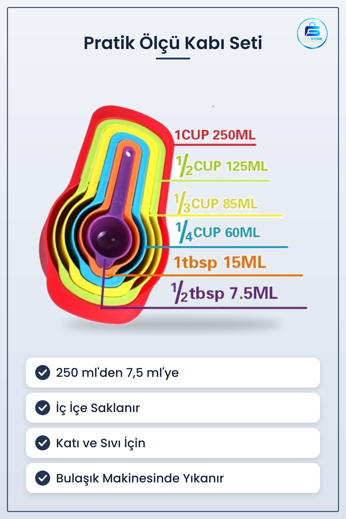 Pratik Ölçü Kaşığı Kabı 5li Şeker Baharat Sıvı Ölçer Aparat Kullanışlı Dayanıklı