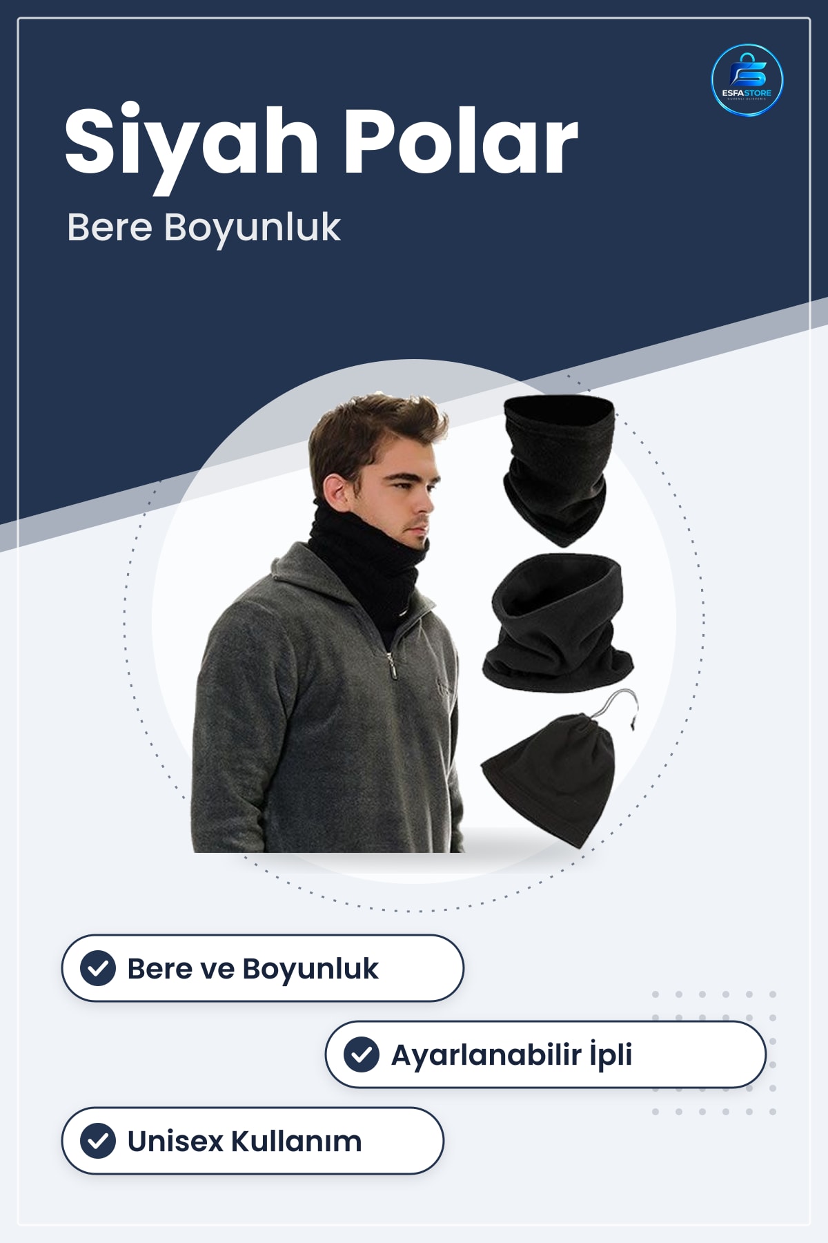 Bere Boyunluk Siyah Polar Çok Fonksiyonlu Unisex Terletmez Kumaş İpli Boyun Koruyucu Kış Şapkası