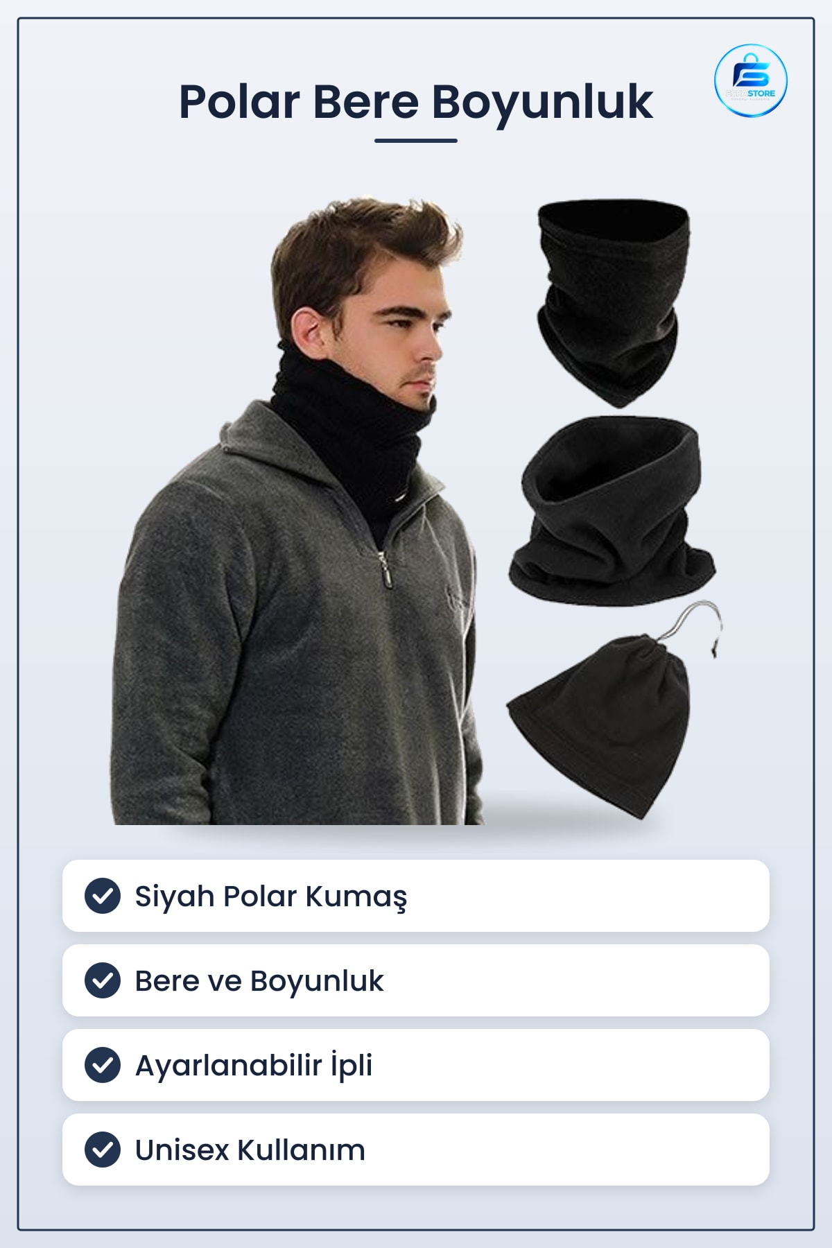 Bere Boyunluk Siyah Polar Çok Fonksiyonlu Unisex Terletmez Kumaş İpli Boyun Koruyucu Kış Şapkası