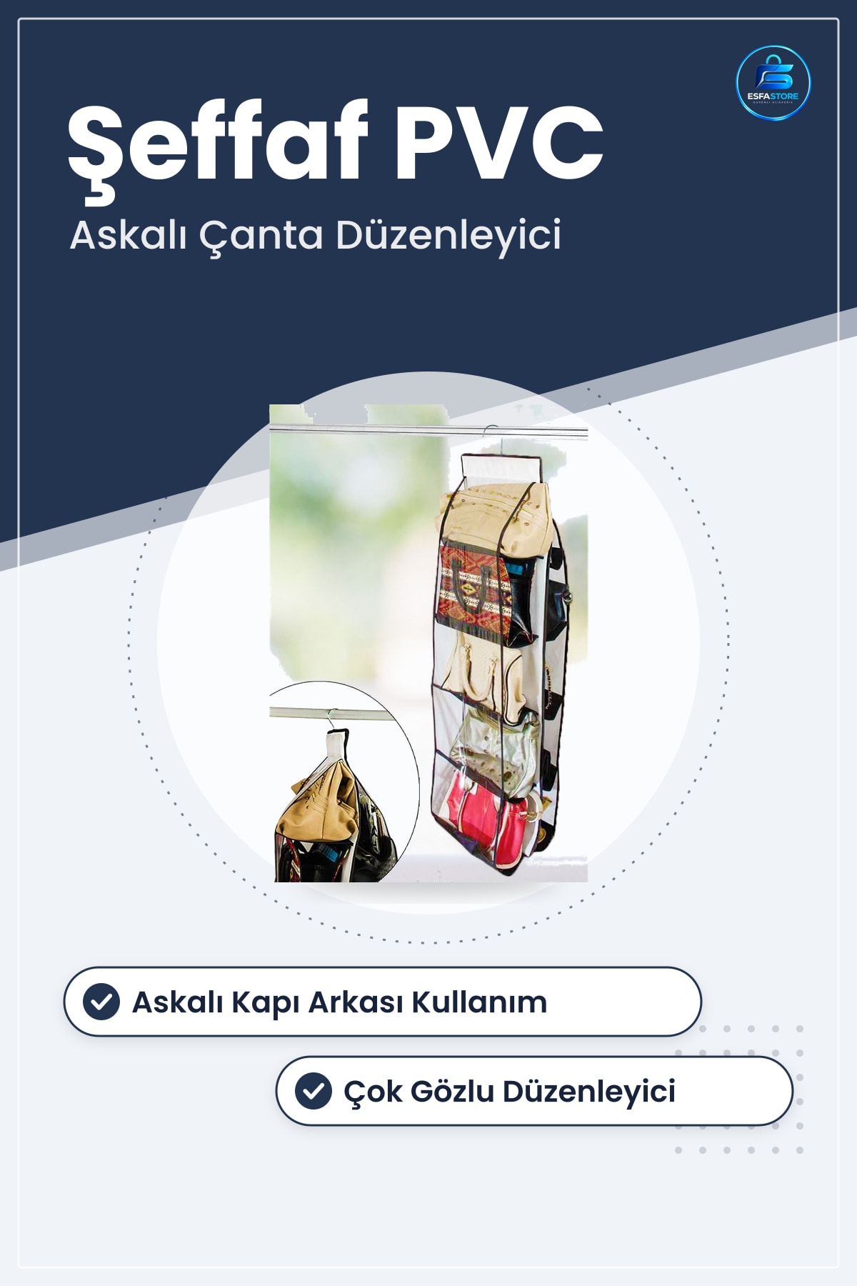 Şeffaf PVC Askılı Çanta Organizeri Kapı Arkası Dolap İçi Çok Gözlü Düzenleyici Saklama Aparatı