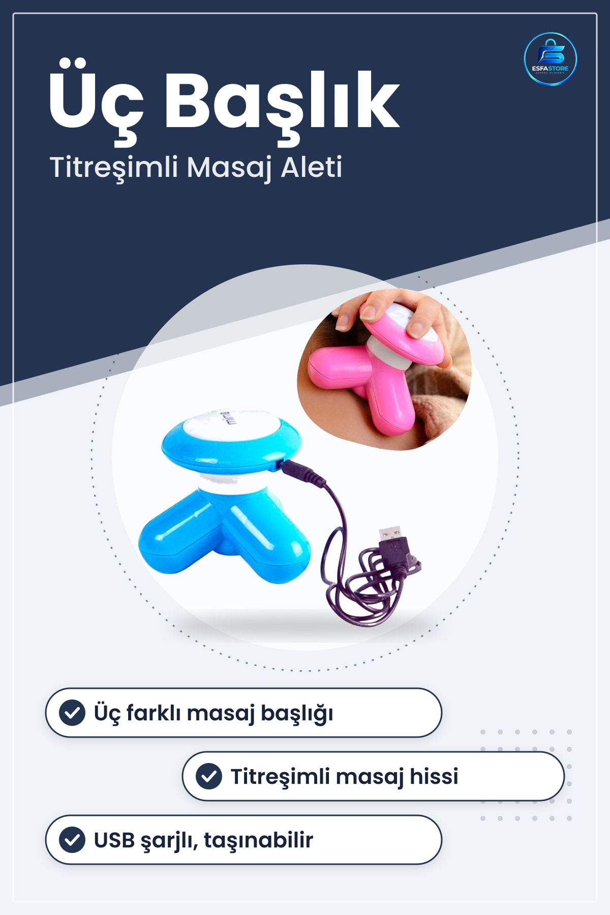 Mini El Masaj Aleti Üç Başlıklı Titreşimli USB Şarjlı Taşınabilir Kompakt Hediyelik Pratik