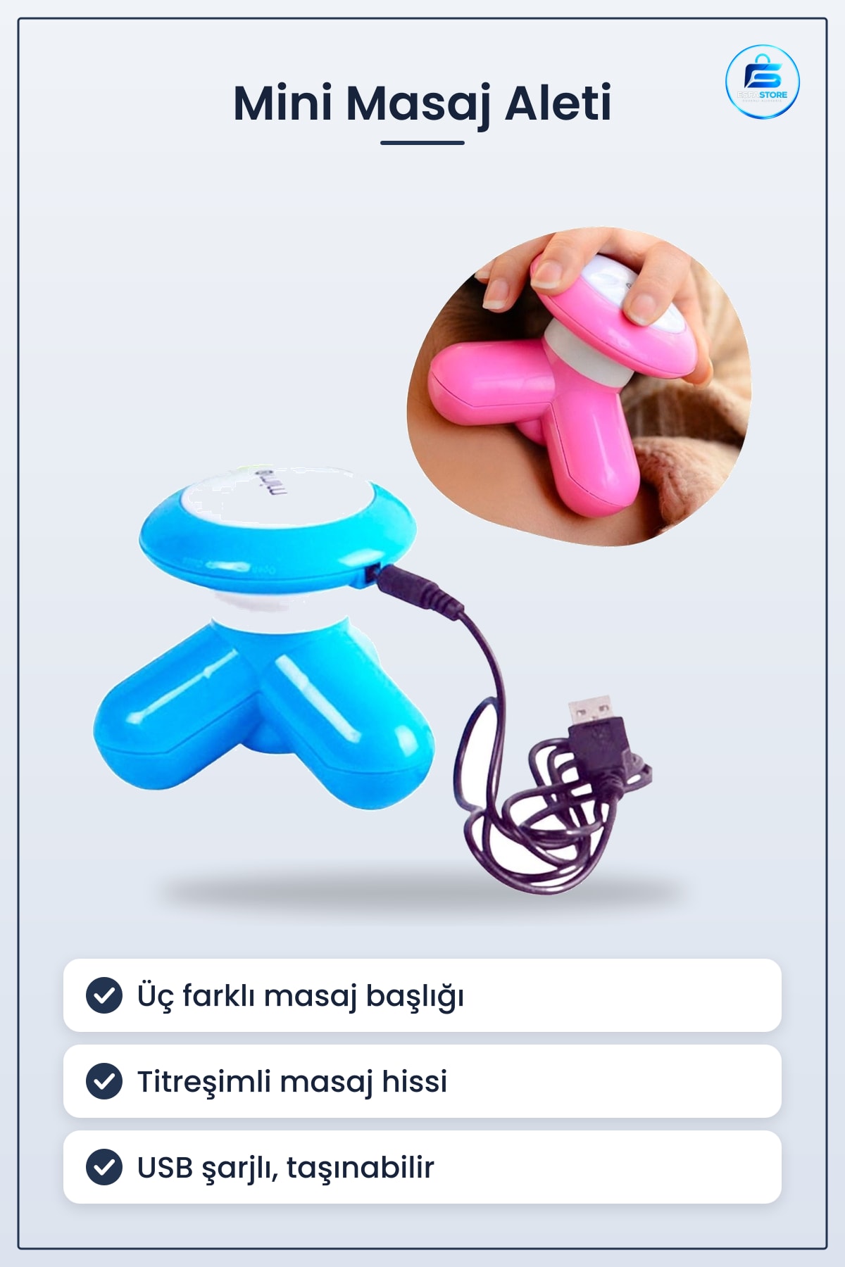 Mini El Masaj Aleti Üç Başlıklı Titreşimli USB Şarjlı Taşınabilir Kompakt Hediyelik Pratik