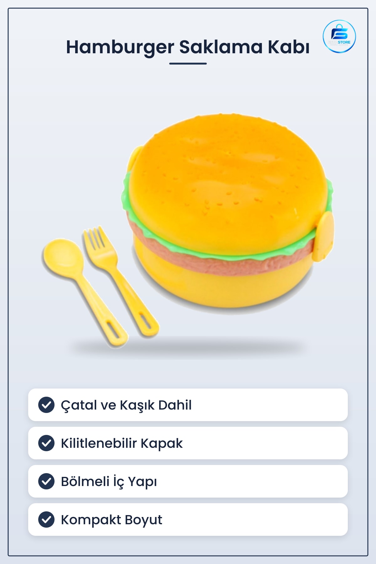 Hamburger Şekilli Beslenme Saklama Kabı 13x9x13 cm Çatal Bıçaklı Kilitlenebilir Yiyecek Kutusu