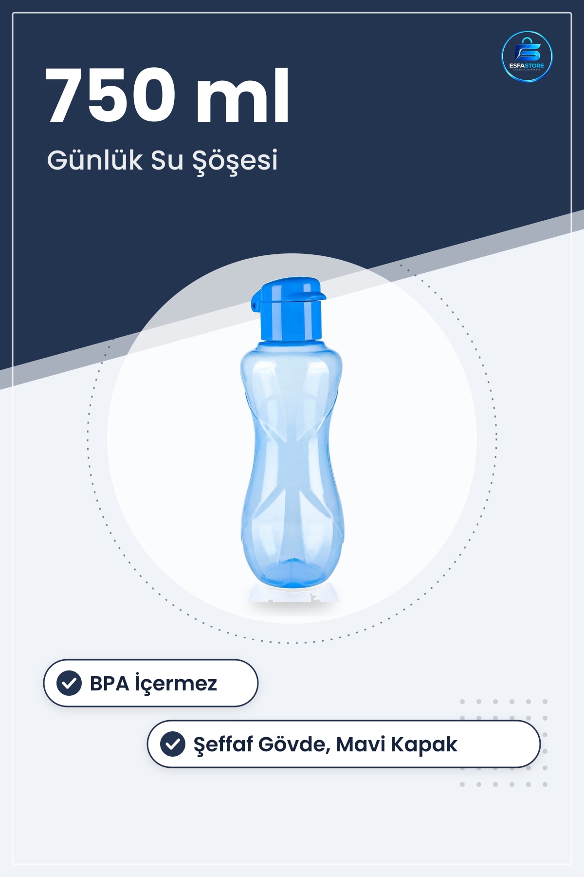 Suluk Matara Şişe 750 ml Boy 26 cm Plastik BPA İçermez Kapaklı Su Şişesi Günlük Kullanım Mavi