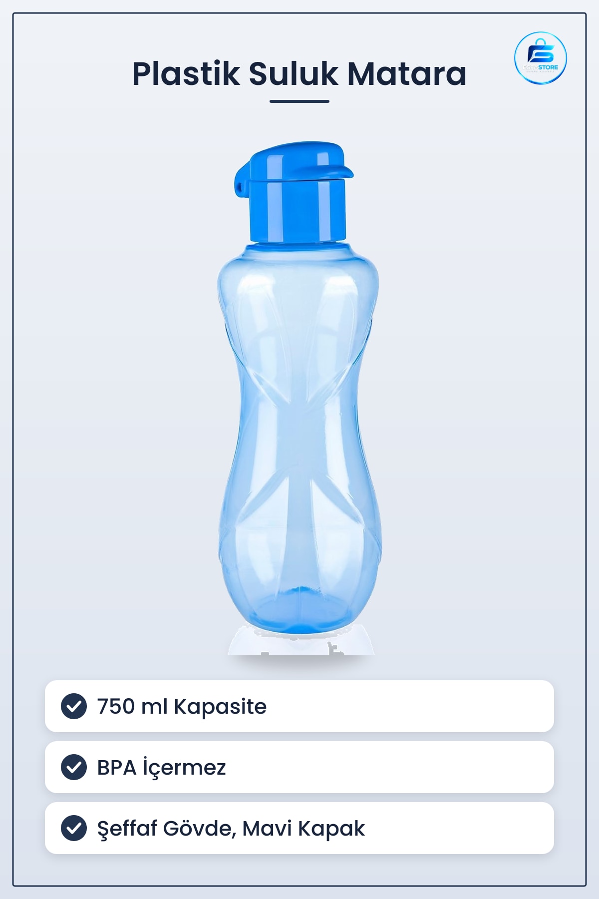 Suluk Matara Şişe 750 ml Boy 26 cm Plastik BPA İçermez Kapaklı Su Şişesi Günlük Kullanım Mavi