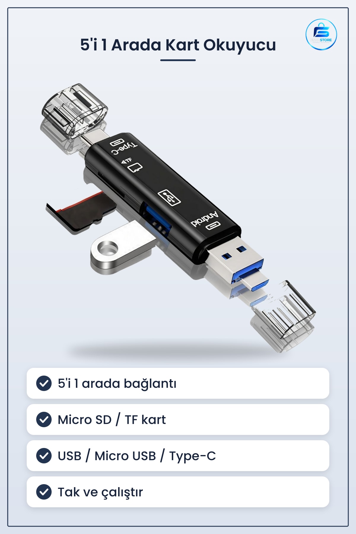 Micro SD Kart Okuyucu Çok Fonksiyonlu OTG Çevirici Type-C USB Girişli Telefon Tablet Bilgisayar