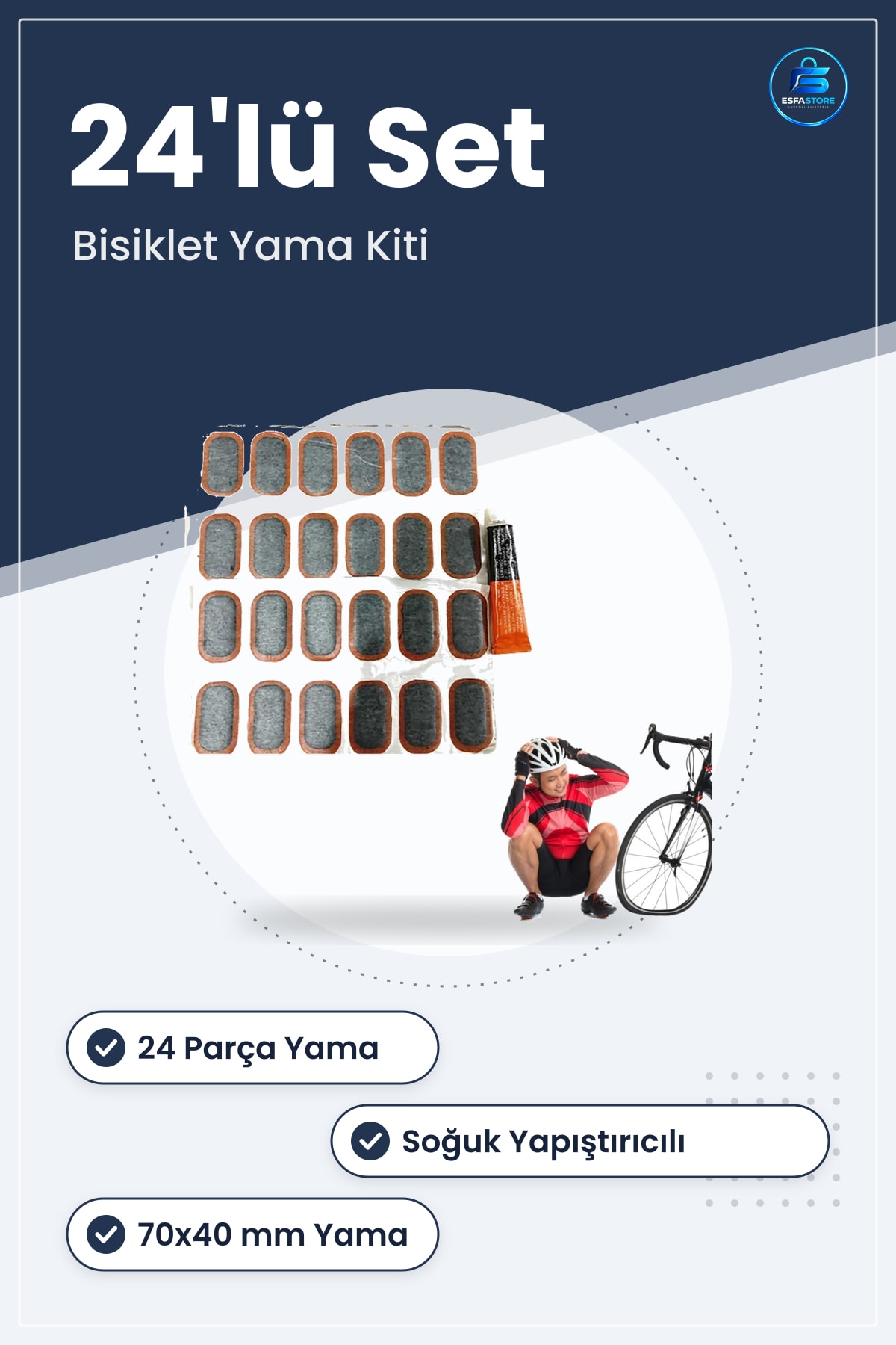 Bisiklet Motorsiklet İç Lastik Tamir Yaması Seti 24'lü Soğuk Yapıştırıcılı 70x40 mm Yama Kiti