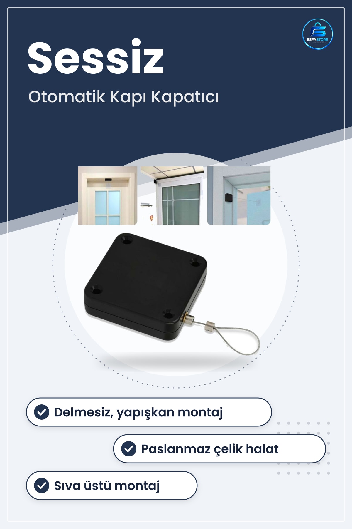 Otomatik Kapı Kapatıcı Delme Gerektirmeyen Sessiz Çelik Telli Yapışkanlı Hızlı Montajlı Sıva Üstü