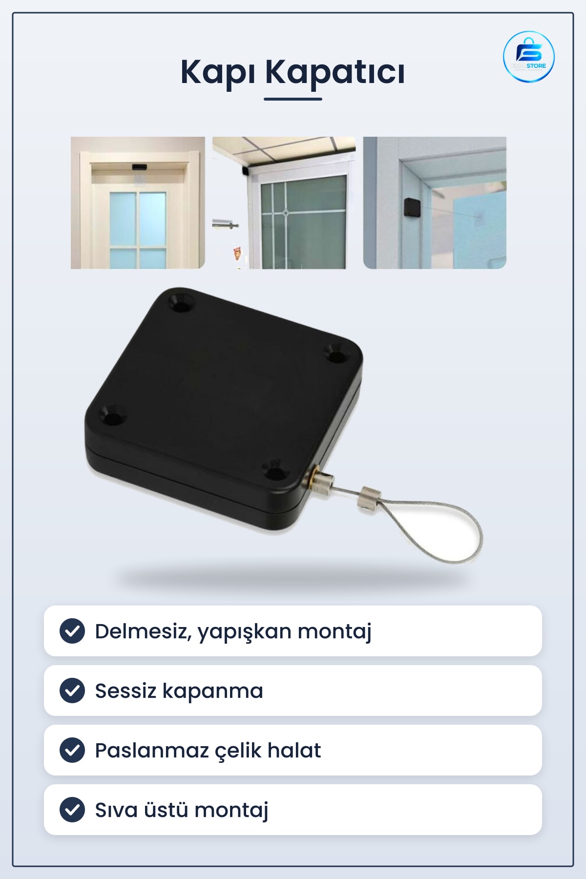 Otomatik Kapı Kapatıcı Delme Gerektirmeyen Sessiz Çelik Telli Yapışkanlı Hızlı Montajlı Sıva Üstü