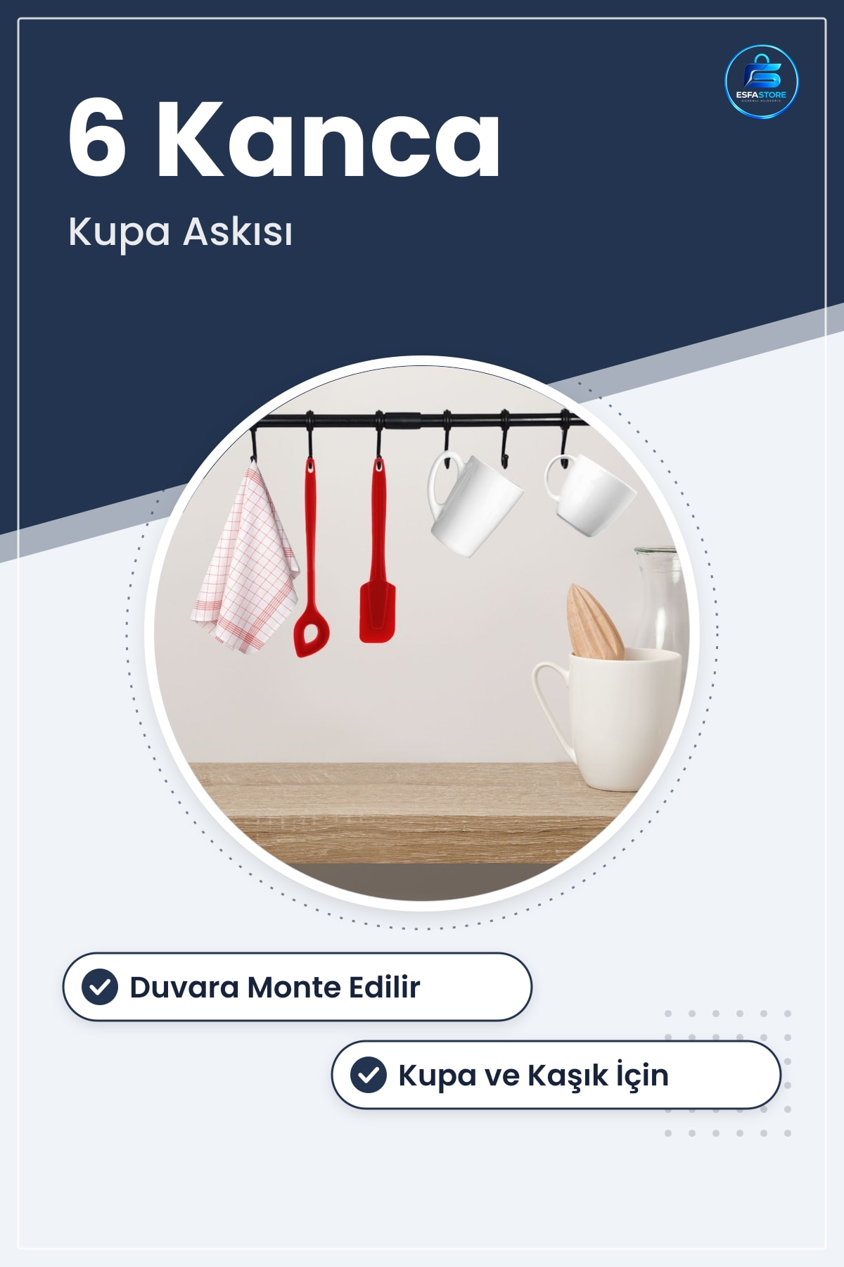 Duvara Monte Edilen Mutfak Kaşıklık ve Kupa Askası Kancalı Dekor Plastik Pratik Kullanışlı