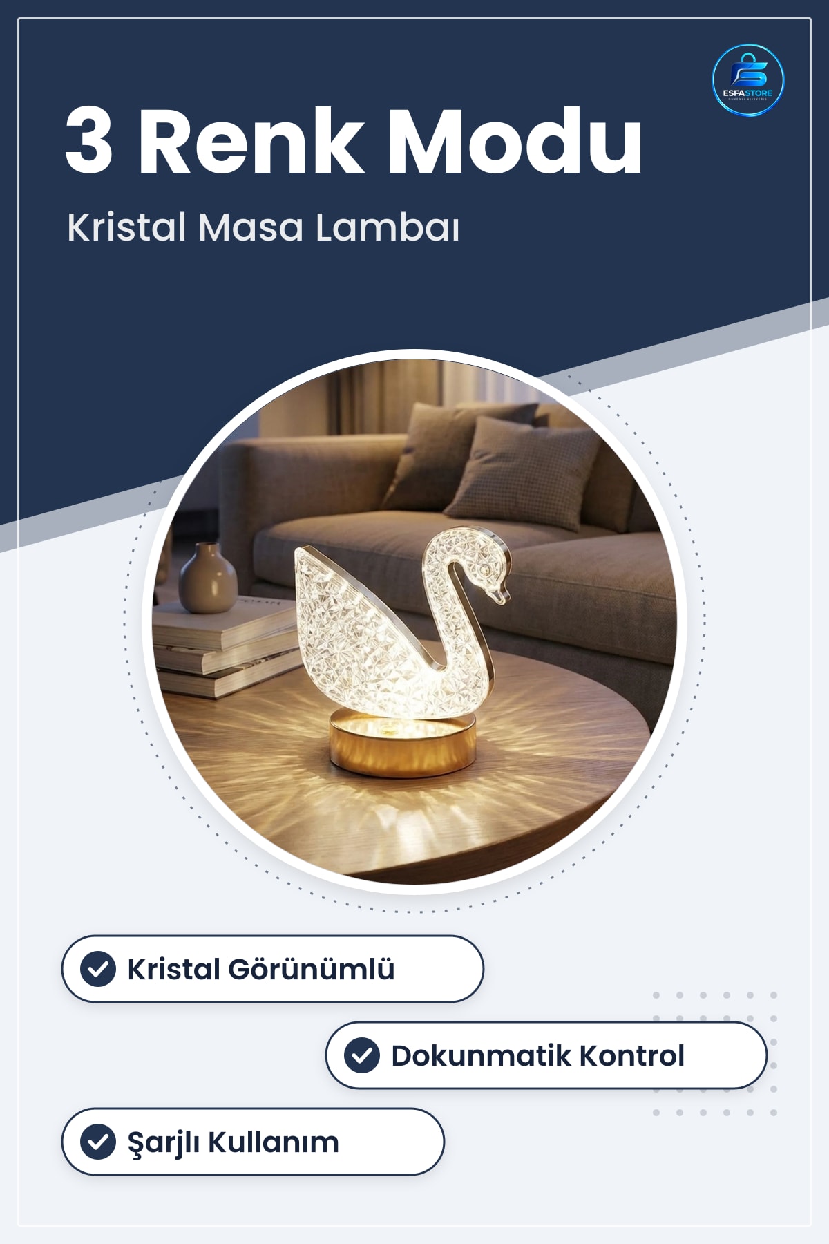 Kristal Kuğu Model LED Masa Lambası Dokunmatik Şarjlı Dekoratif Gece Işığı Abajur Hediyelik