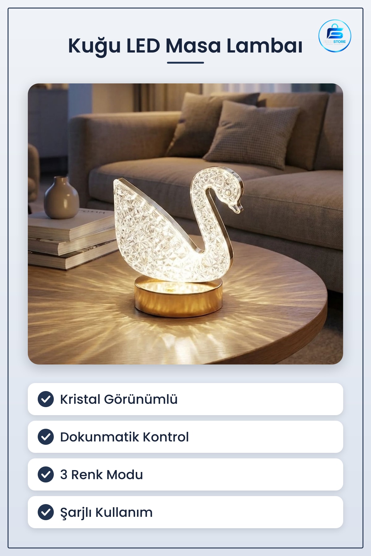 Kristal Kuğu Model LED Masa Lambası Dokunmatik Şarjlı Dekoratif Gece Işığı Abajur Hediyelik