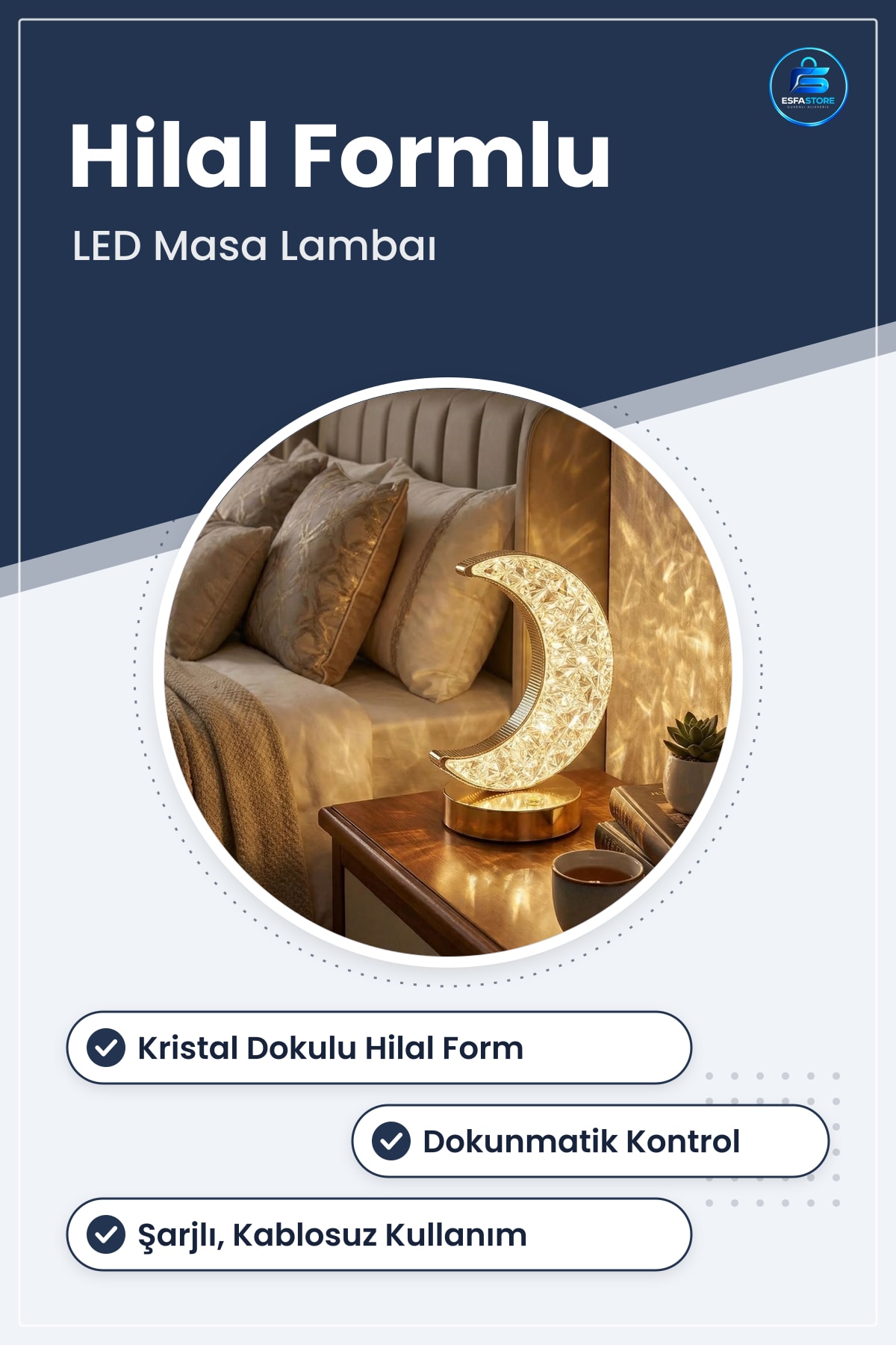 Hilal Formlu Kristal LED Masa Lambası Dokunmatik Şarjlı Dekoratif Gece Ev Dekoru Hediyelik