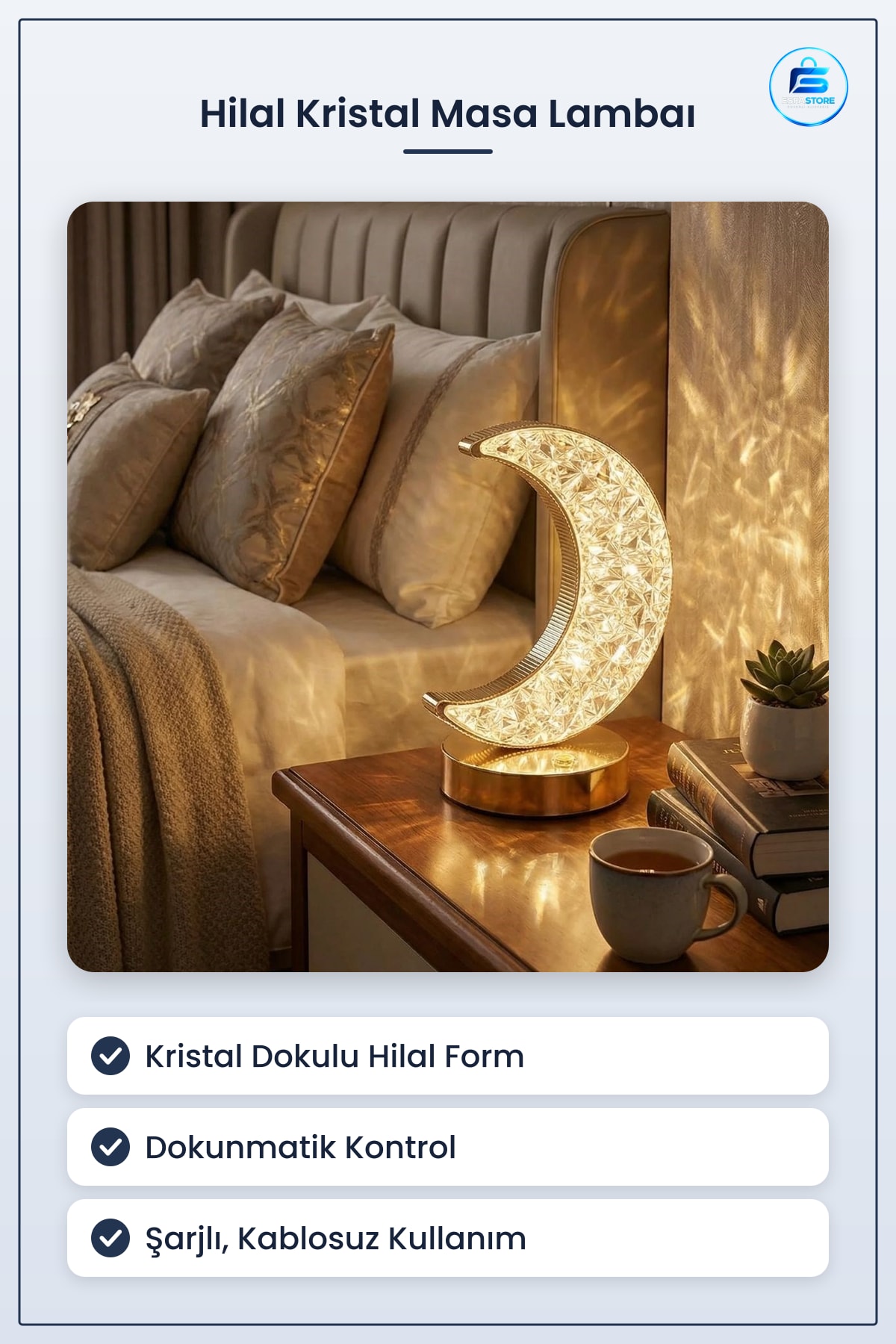Hilal Formlu Kristal LED Masa Lambası Dokunmatik Şarjlı Dekoratif Gece Ev Dekoru Hediyelik