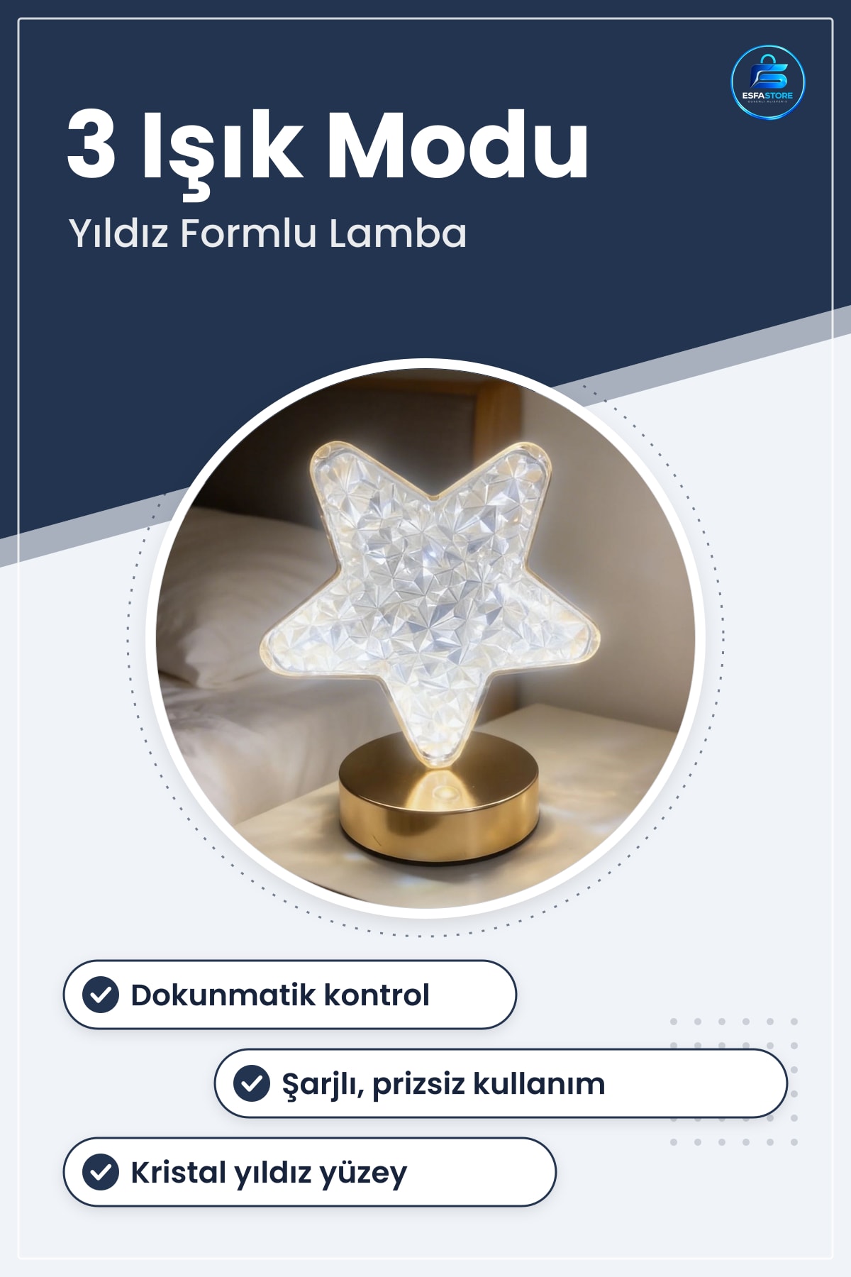 Yıldız Formlu Kristal LED Masa Lambası Dokunmatik Şarjlı Dekoratif Gece Ev Dekoru Hediyelik