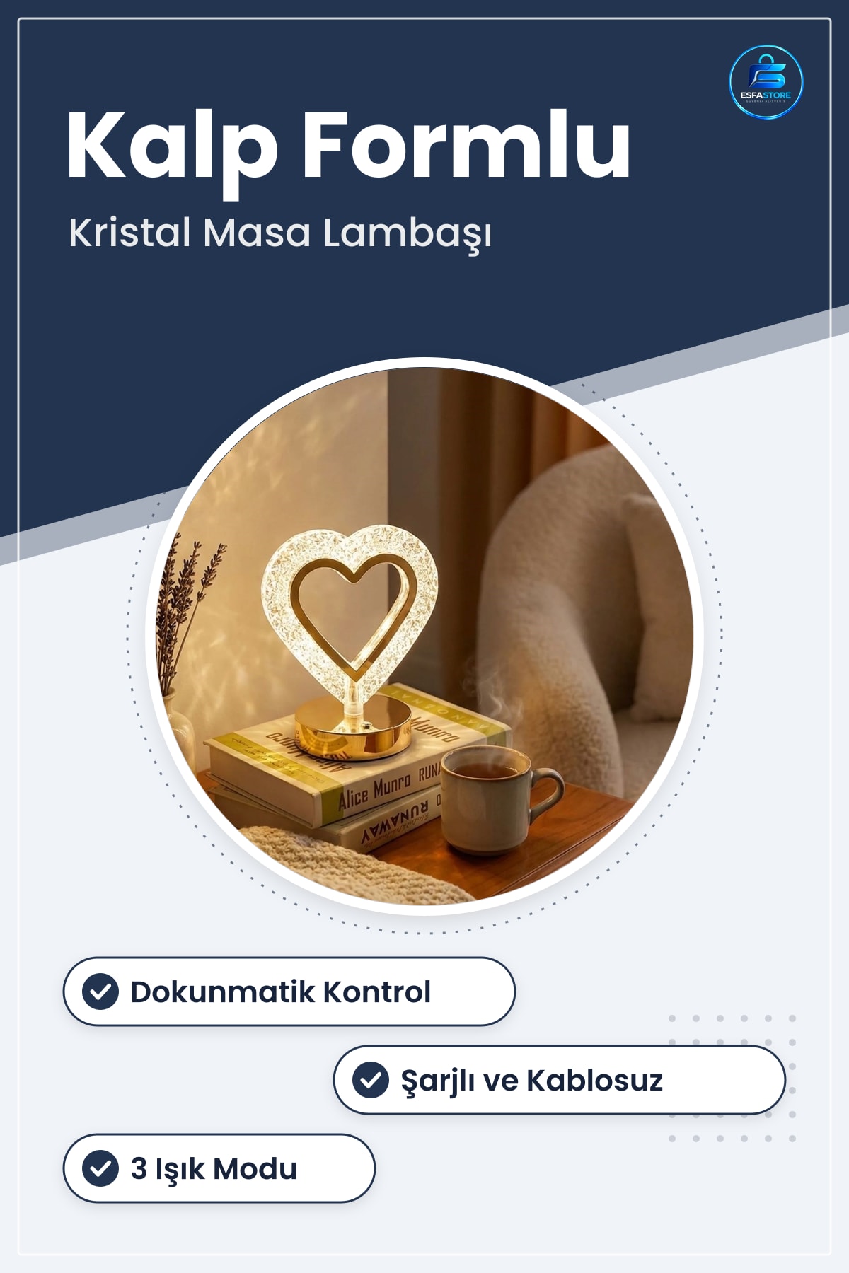 Kalp Formlu Kristal LED Masa Lambası Dokunmatik Şarjlı Dekoratif Gece Hediyelik Ev Dekoru