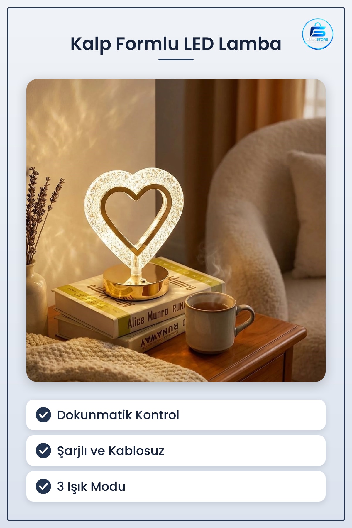 Kalp Formlu Kristal LED Masa Lambası Dokunmatik Şarjlı Dekoratif Gece Hediyelik Ev Dekoru
