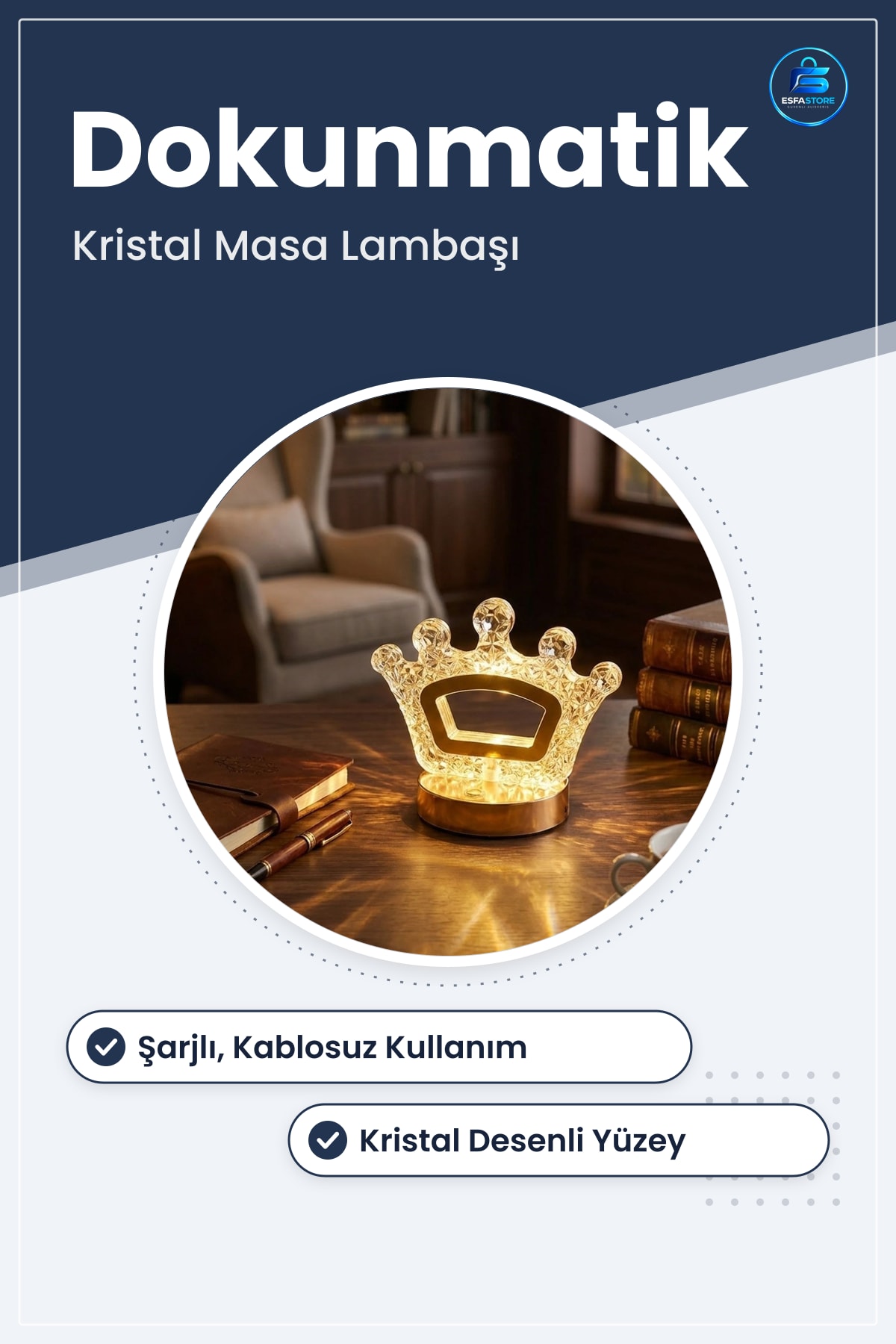 Kral Tacı Model Kristal LED Masa Lambası Dokunmatik Şarjlı Dekoratif Gece Işığı Hediyelik