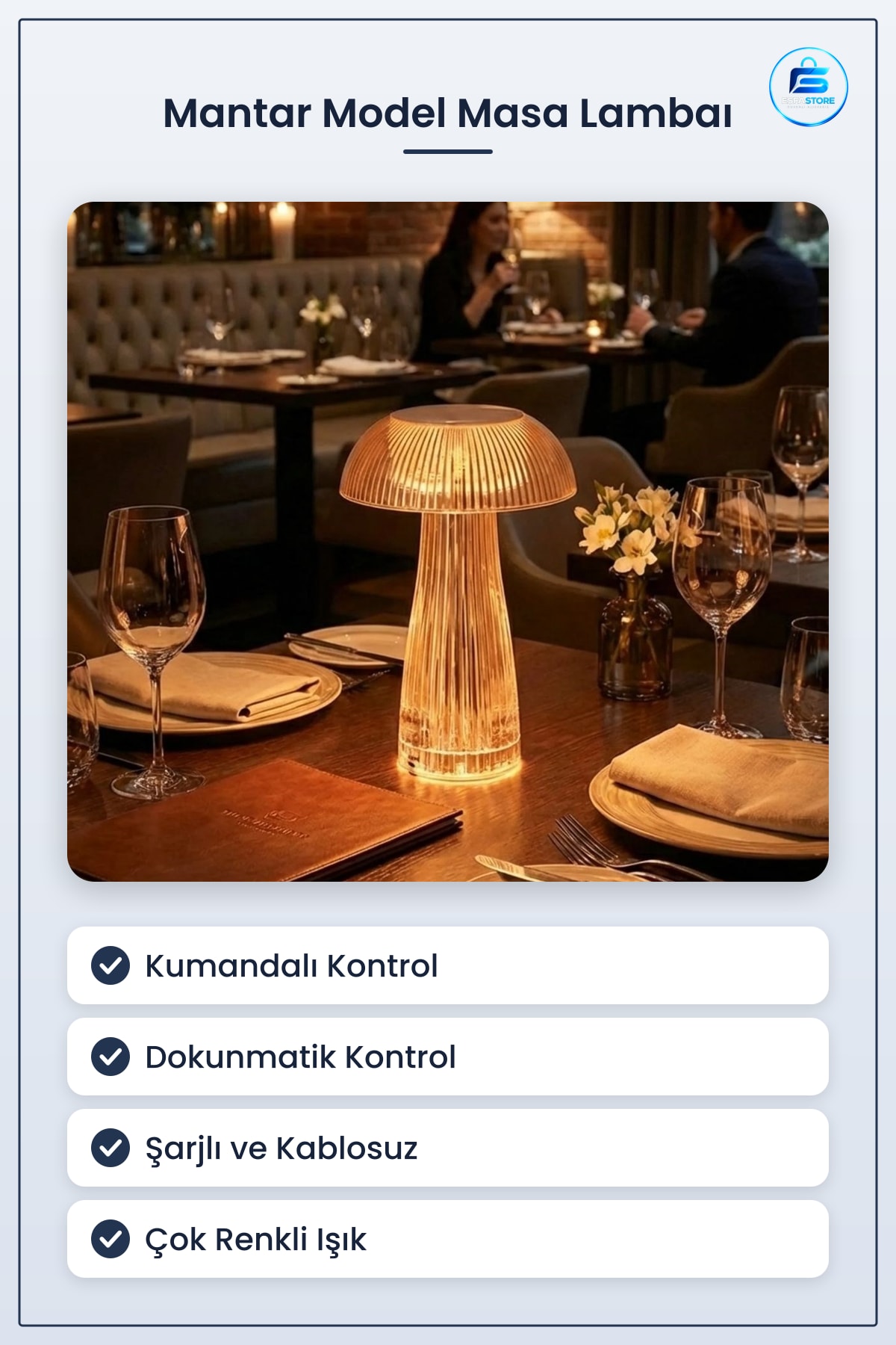 LED Masa Lambası Şeffaf Mantar Model Kumandalı Şarjlı Dokunmatik Dekoratif Gece Işığı Pratik