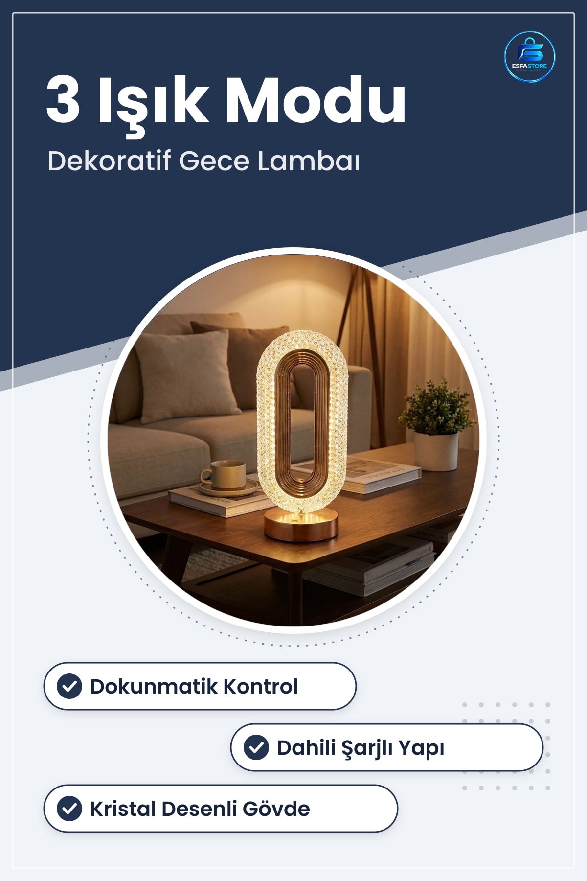 Oval Kristal LED Masa Lambası Dokunmatik Kontrollü Şarjlı Dekoratif Gece Hediyelik Ev Dekoru