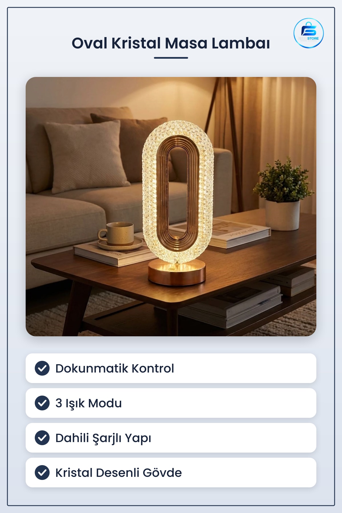 Oval Kristal LED Masa Lambası Dokunmatik Kontrollü Şarjlı Dekoratif Gece Hediyelik Ev Dekoru
