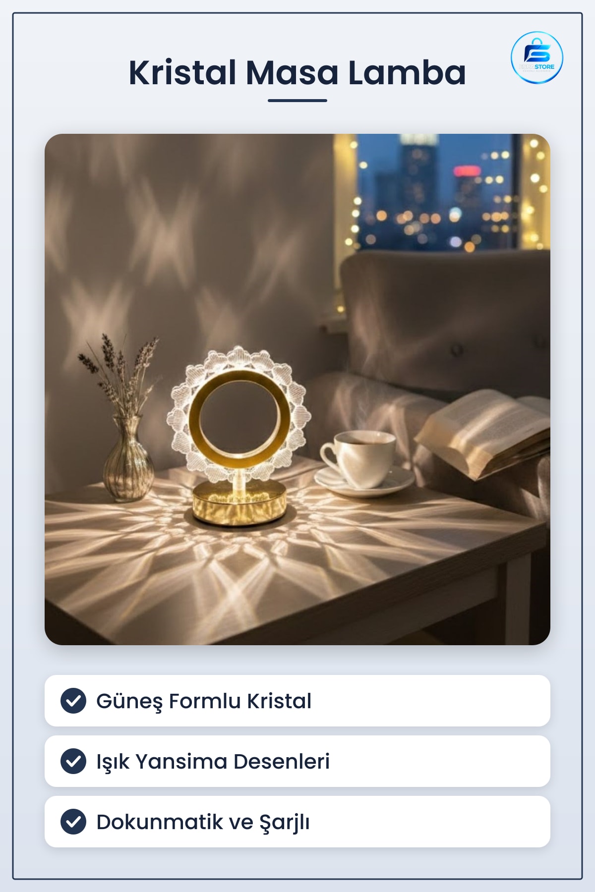 Güneş Şeklinde Kristal LED Masa Lambası Dokunmatik Şarjlı Dekoratif Gece Işığı Hediyelik