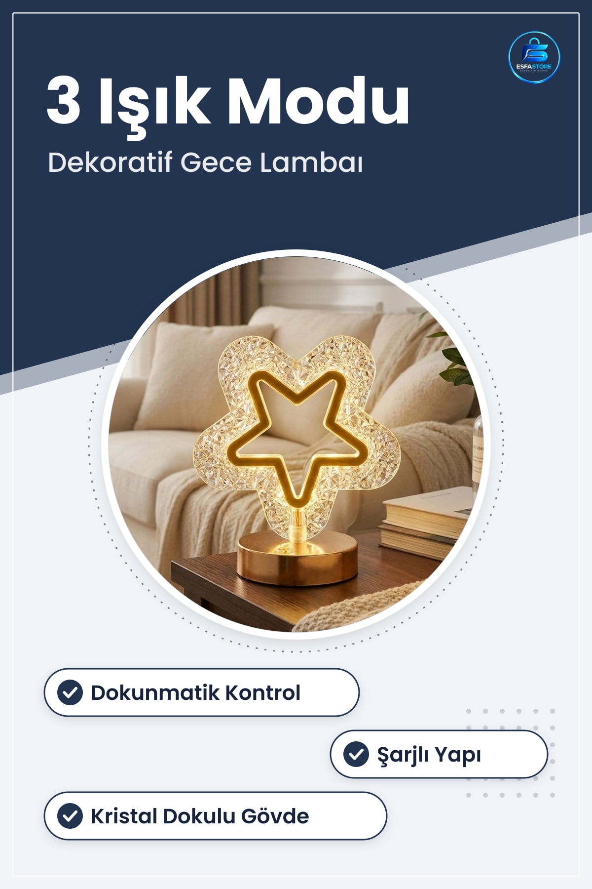 İçi Boş Yıldız Kristal LED Masa Lambası Dokunmatik Şarjlı Dekoratif Gece Hediyelik Ev Dekoru