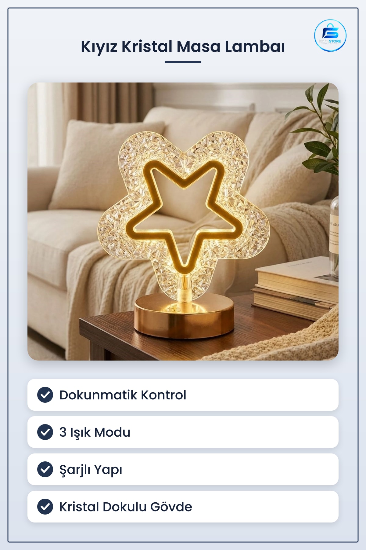 İçi Boş Yıldız Kristal LED Masa Lambası Dokunmatik Şarjlı Dekoratif Gece Hediyelik Ev Dekoru