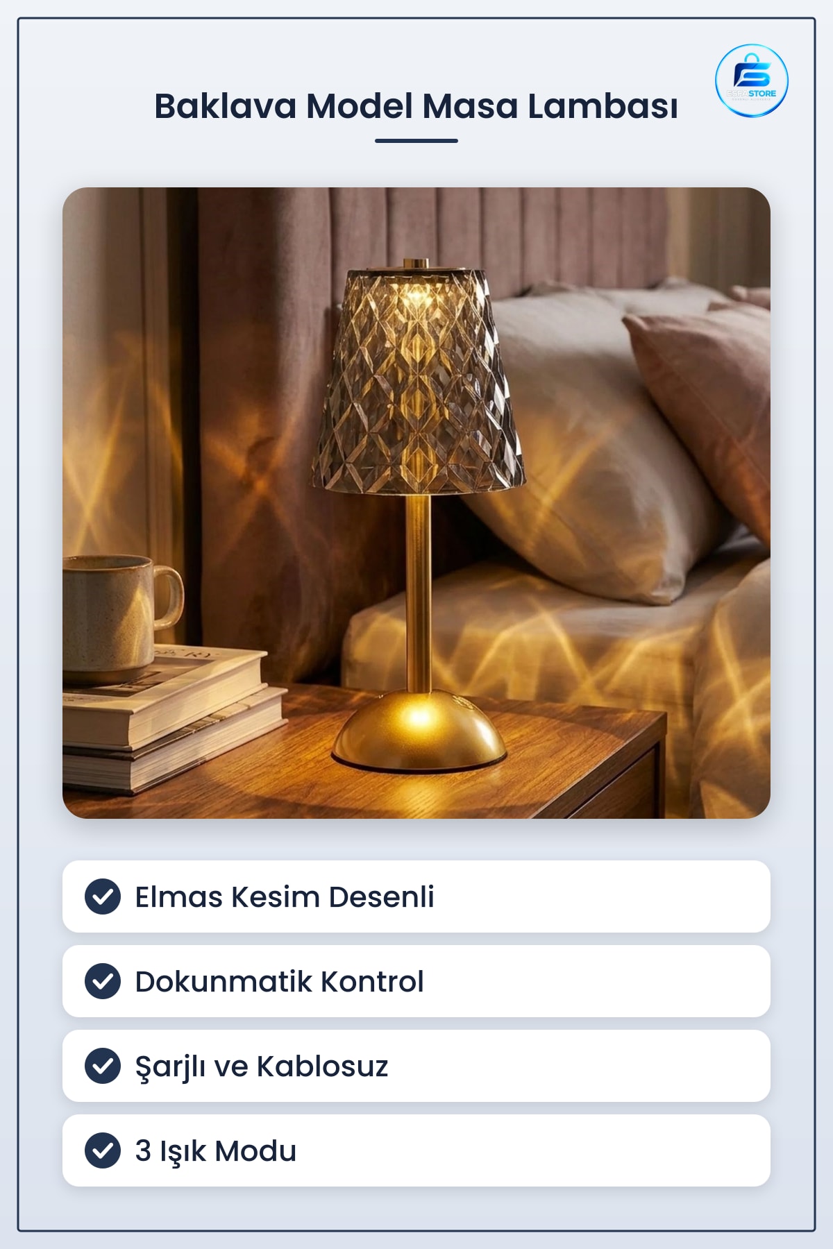Uzun Klasik Baklava Model LED Masa Lambası Dokunmatik Şarjlı Dekoratif Gece Işığı Hediyelik