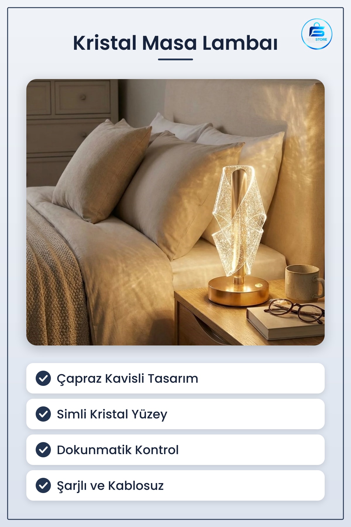Kristal Masa Lambası Çapraz Kavisli Simli LED Dokunmatik Şarjlı Dekoratif Kablosuz Hediyelik