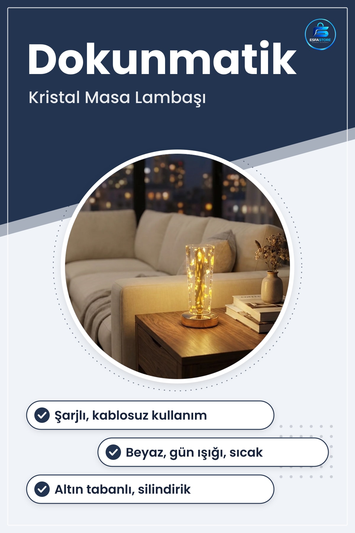 Silindirik Kristal Masa Lambası Dokunmatik Şarjlı LED Gece Işığı Modern Dekoratif Kablosuz