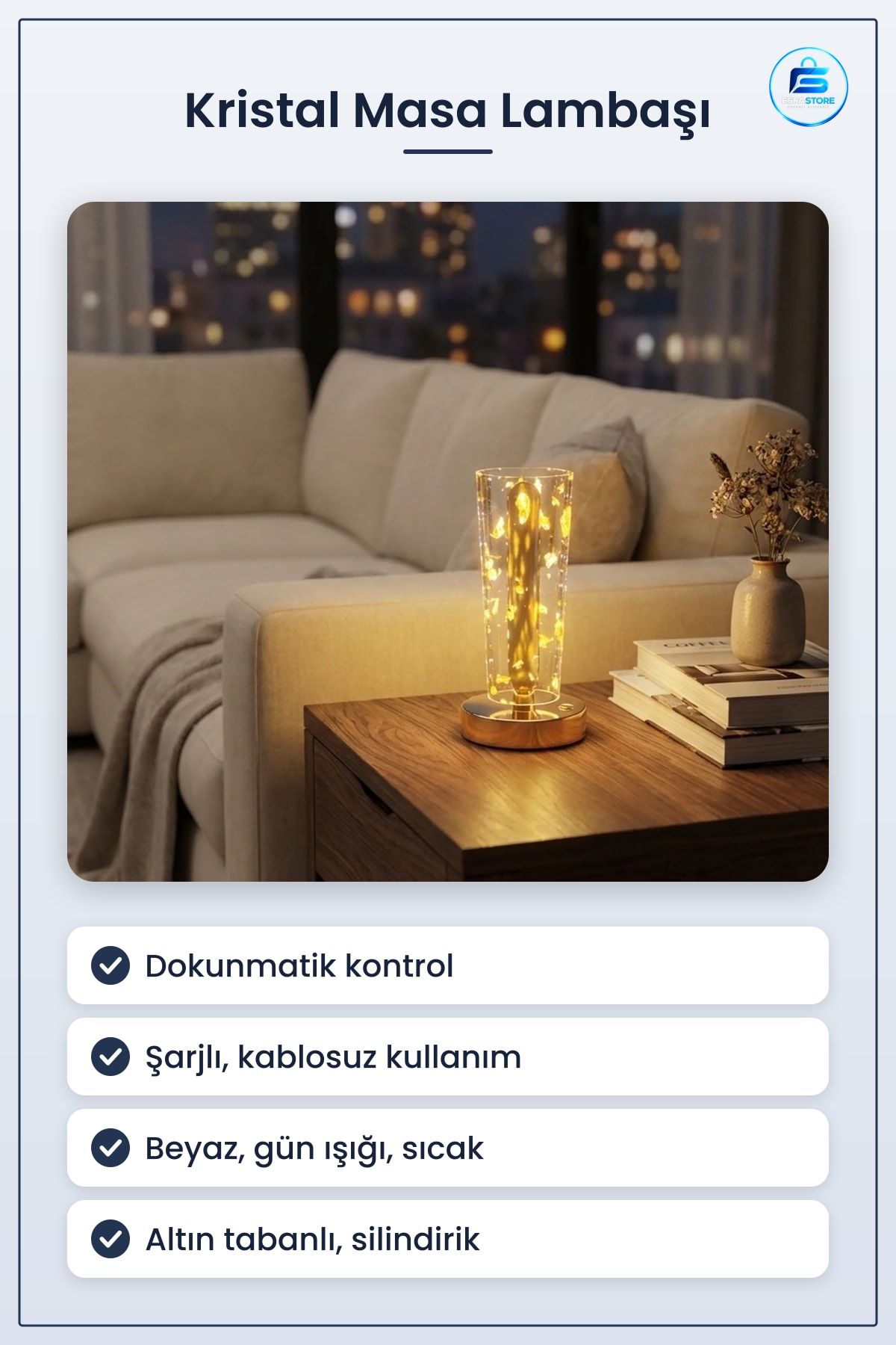 Silindirik Kristal Masa Lambası Dokunmatik Şarjlı LED Gece Işığı Modern Dekoratif Kablosuz
