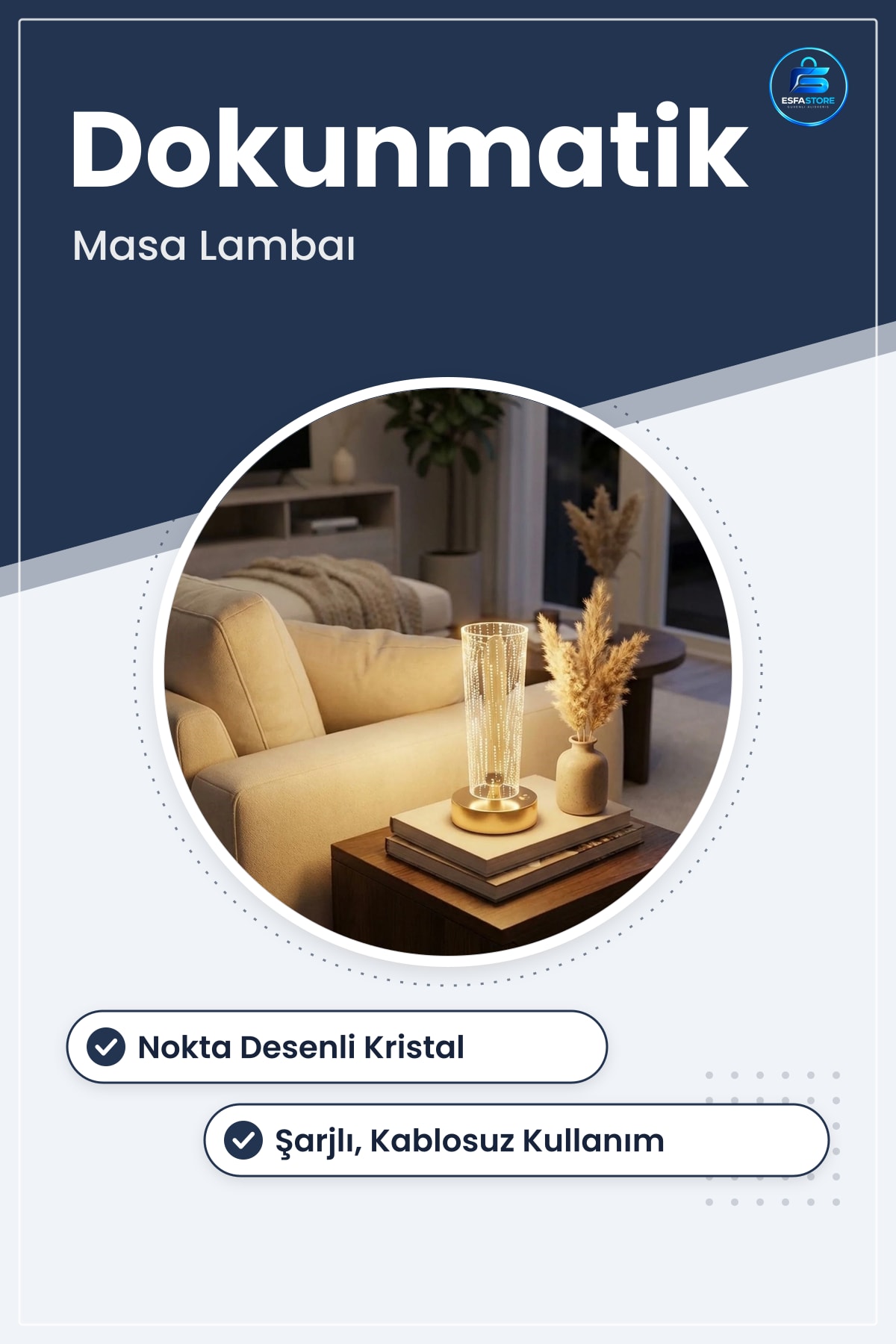 Masa Lambası Silindirik Kristal Nokta Desenli Dokunmatik LED Şarjlı Dekoratif Gece Işığı Modern