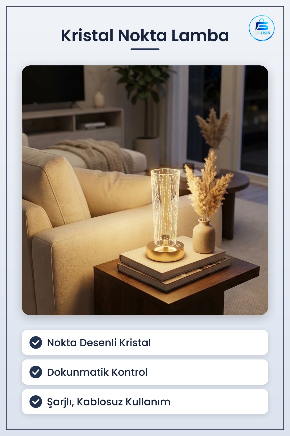 Masa Lambası Silindirik Kristal Nokta Desenli Dokunmatik LED Şarjlı Dekoratif Gece Işığı Modern