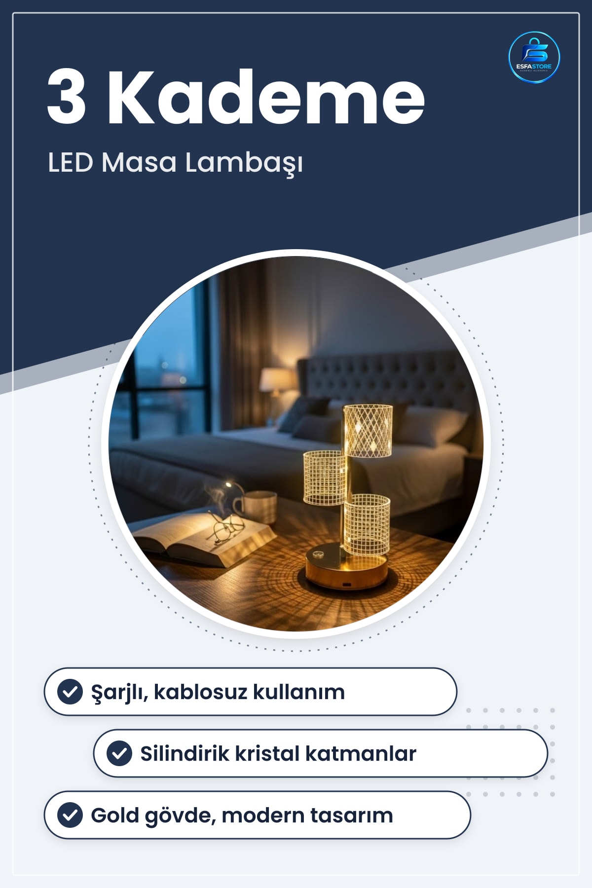 Silindirik Kristal Ekose Kareli Masa Lambası Dokunmatik Şarjlı LED Dekoratif Kablosuz Modern