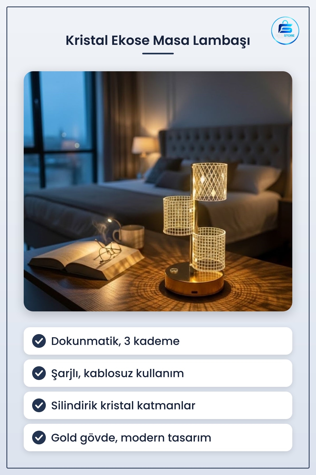 Silindirik Kristal Ekose Kareli Masa Lambası Dokunmatik Şarjlı LED Dekoratif Kablosuz Modern