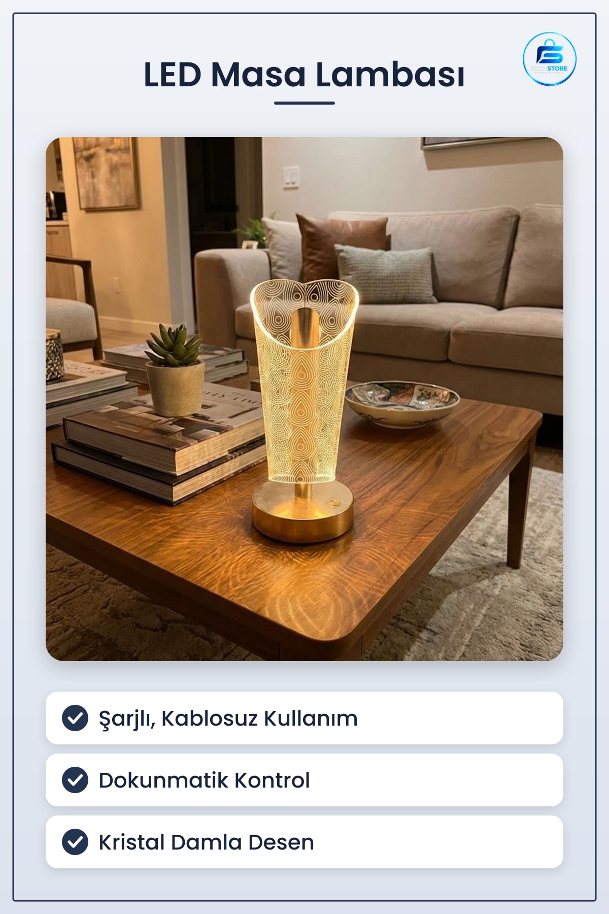 Silindirik Kristal Damla Desenli Dokunmatik LED Masa Lambası Şarjlı Modern Dekoratif Gece Işığı