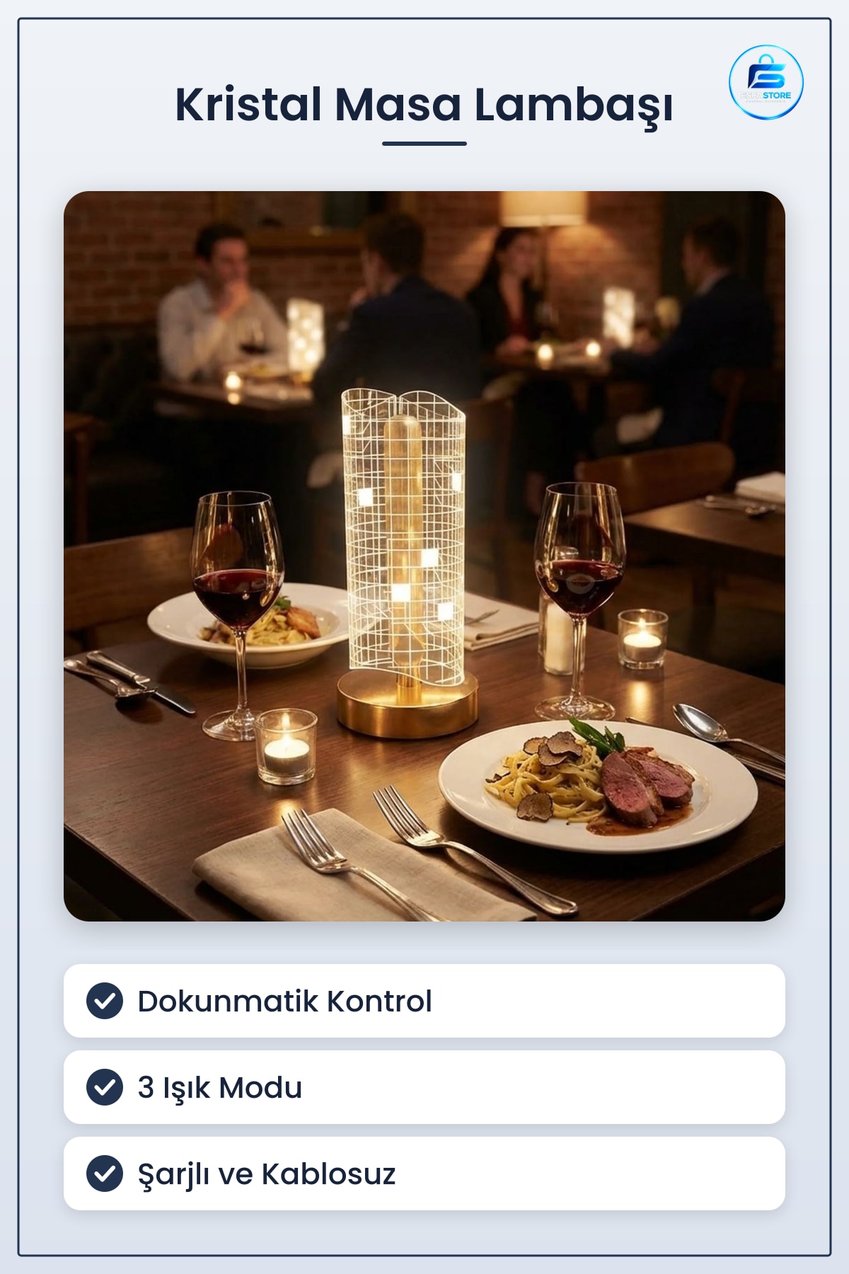 Kristal Masa Lambası Kareli Desenli Dalgalı Dokunmatik Şarjlı LED Gece Işığı Dekoratif Hediyelik
