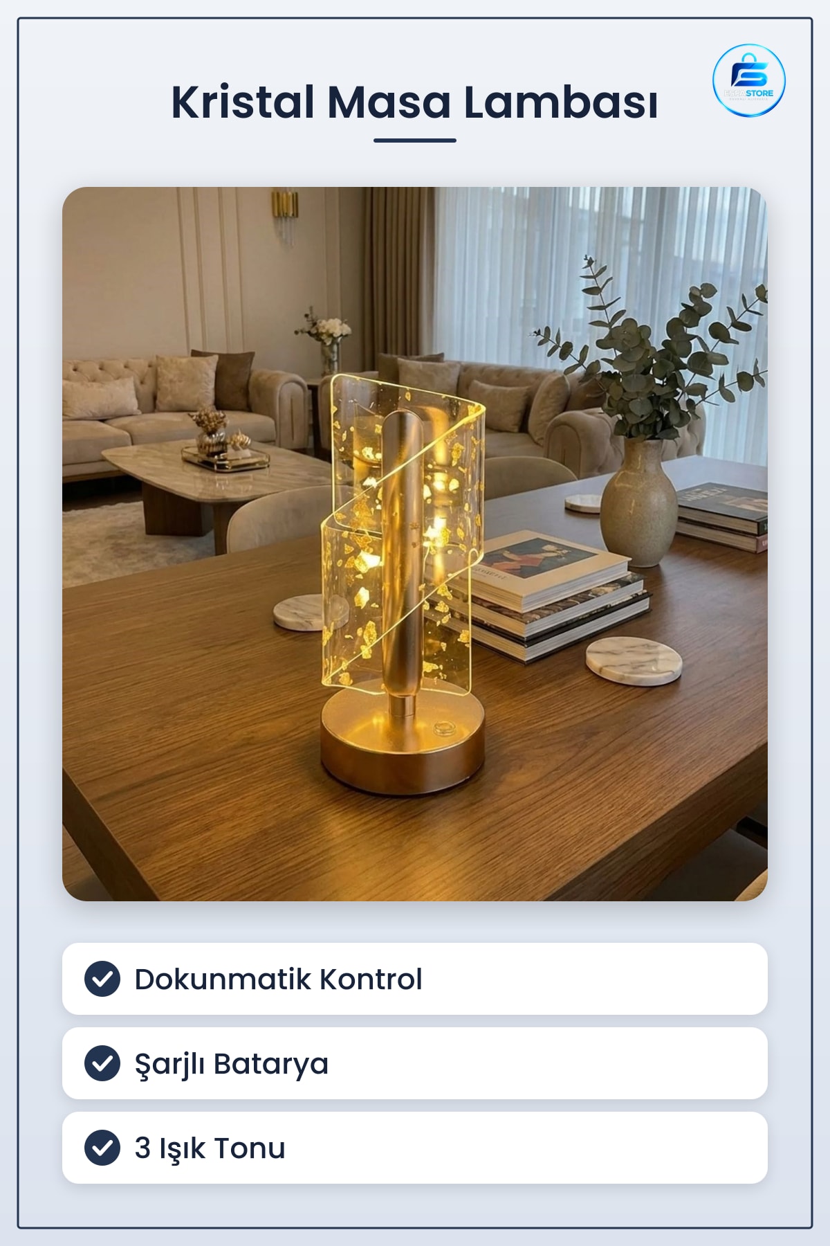 Masa Lambası Çapraz Kavisli Işıltılı Kristal Model Dokunmatik LED Şarjlı Dekoratif Hediyelik
