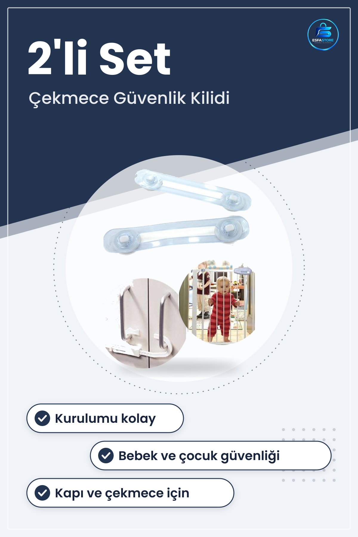 Bebek Çocuk Güvenlik Dolap Çekmece Emniyet Kilidi 7 cm x 14,5 Plastik Mavi Beyaz Kapı Koruma